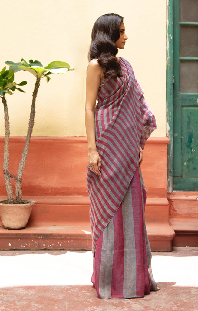 Grey & Berry color with  Striped Linen design Saree