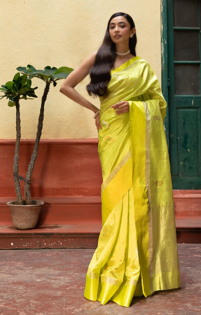 Volt Green Silk Chanderi With  Along The Length of the Sare
