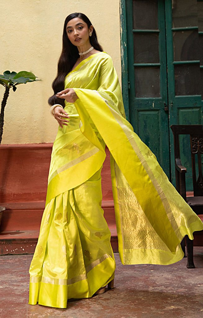 Volt Green Silk Chanderi With  Along The Length of the Sare