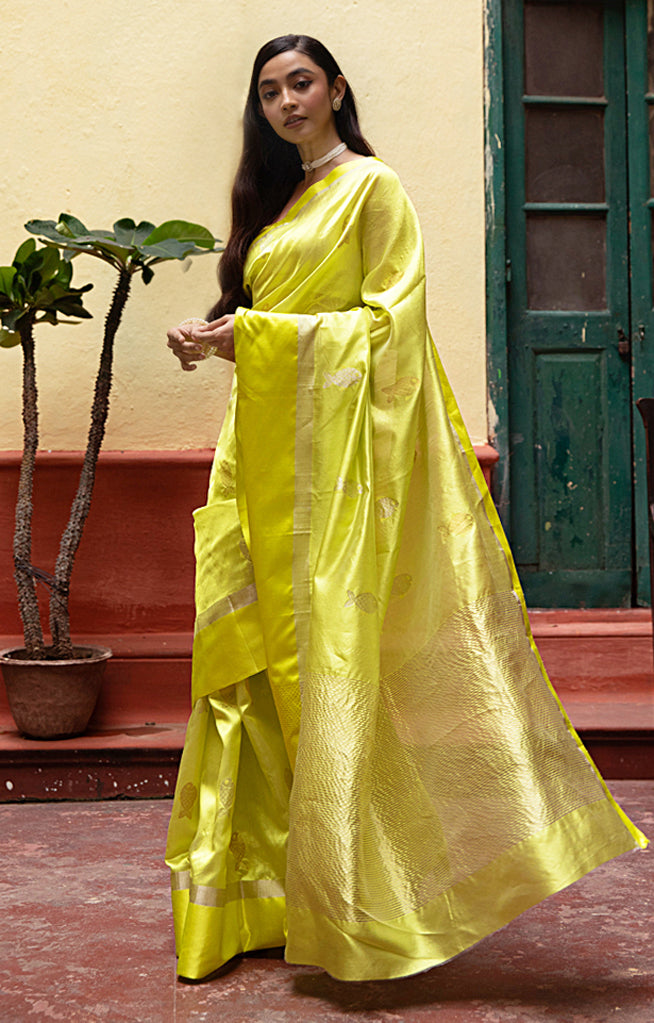 Volt Green Silk Chanderi With  Along The Length of the Sare