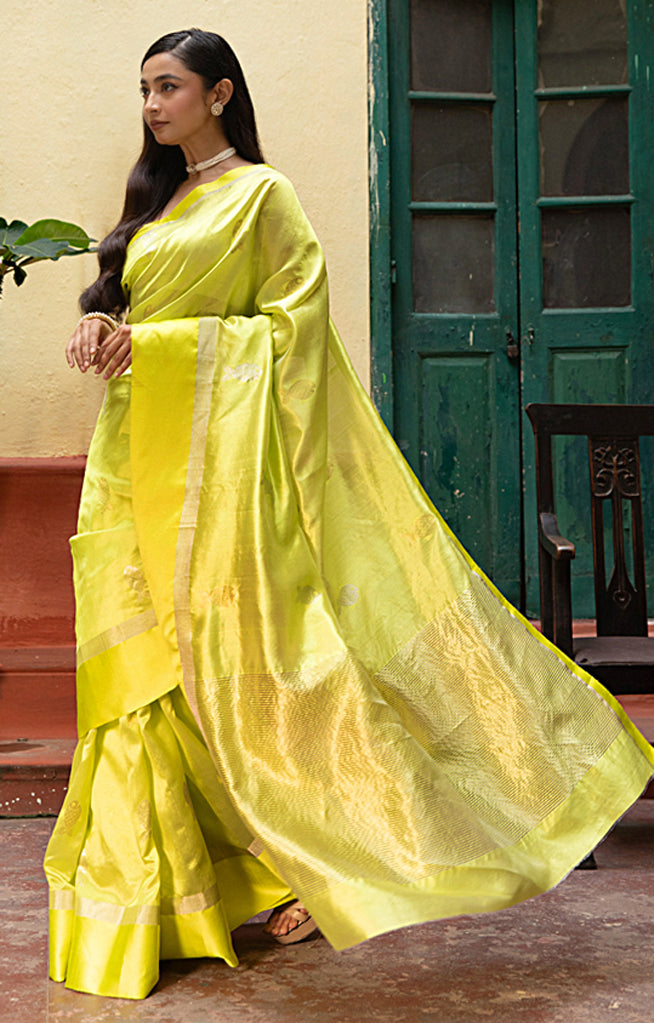 Volt Green Silk Chanderi With  Along The Length of the Sare
