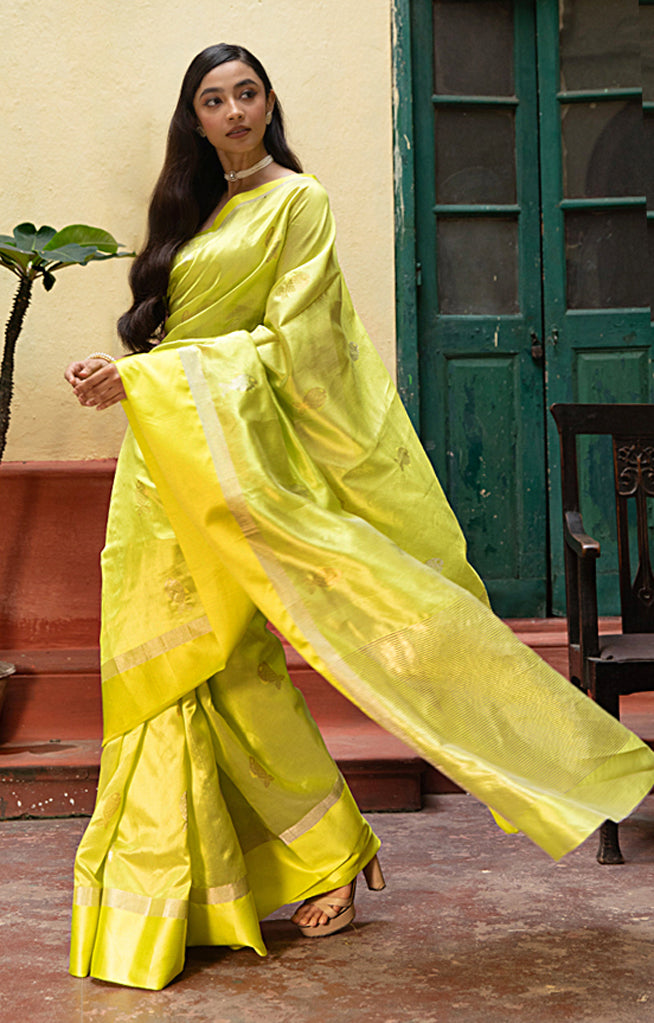 Volt Green Silk Chanderi With  Along The Length of the Sare