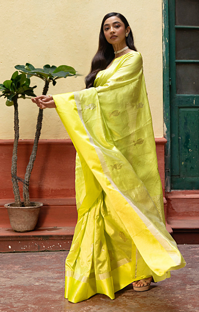Volt Green Silk Chanderi With  Along The Length of the Sare