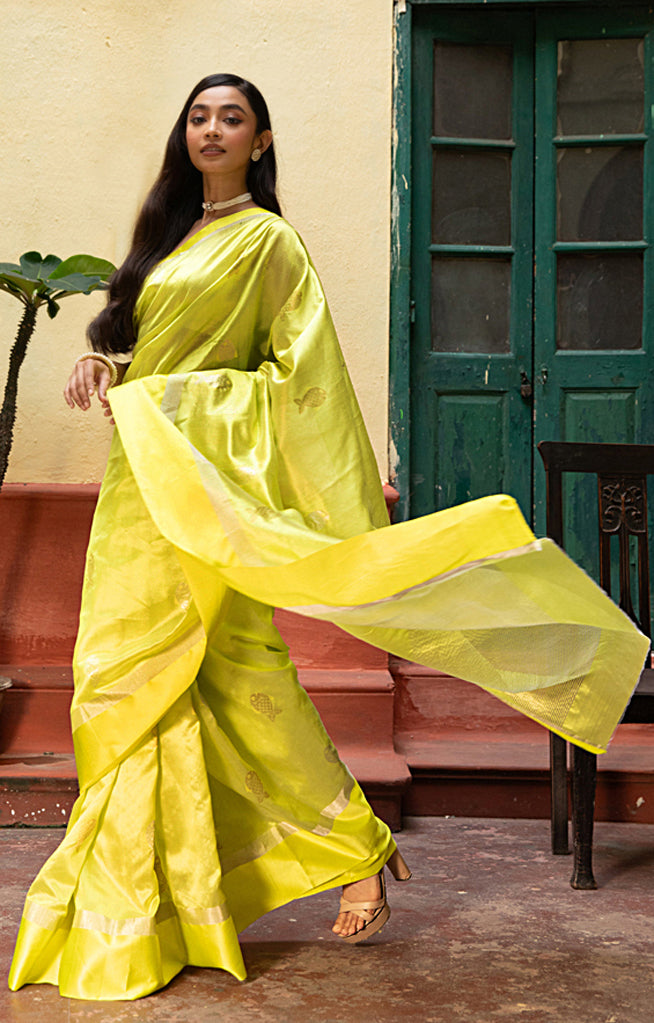 Volt Green Silk Chanderi With  Along The Length of the Sare