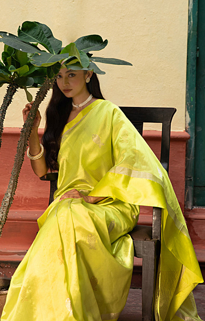 Volt Green Silk Chanderi With  Along The Length of the Sare