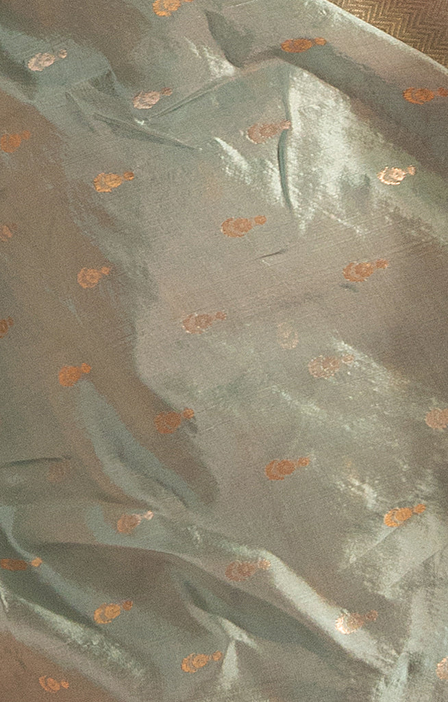 Ice Blue color Chanderi Silk Saree with Gold and  Silver Zari Woven Motif