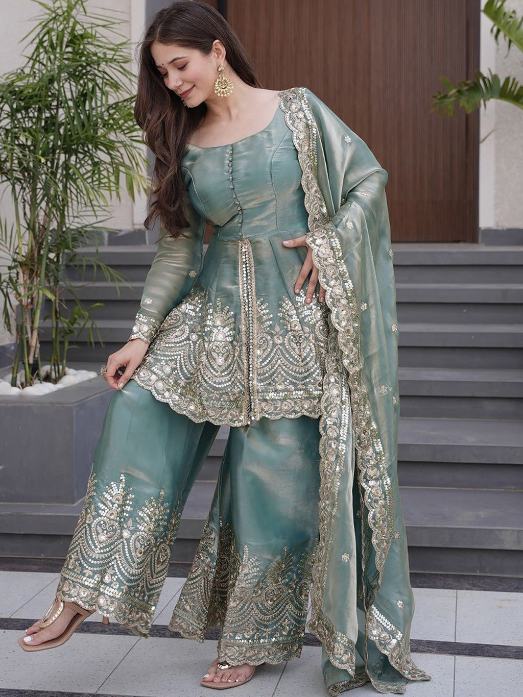 Vedraani Firozi Koyal Suit – Fandy Silk Sequins Embroidered Kurta Palazzo Dupatta Set