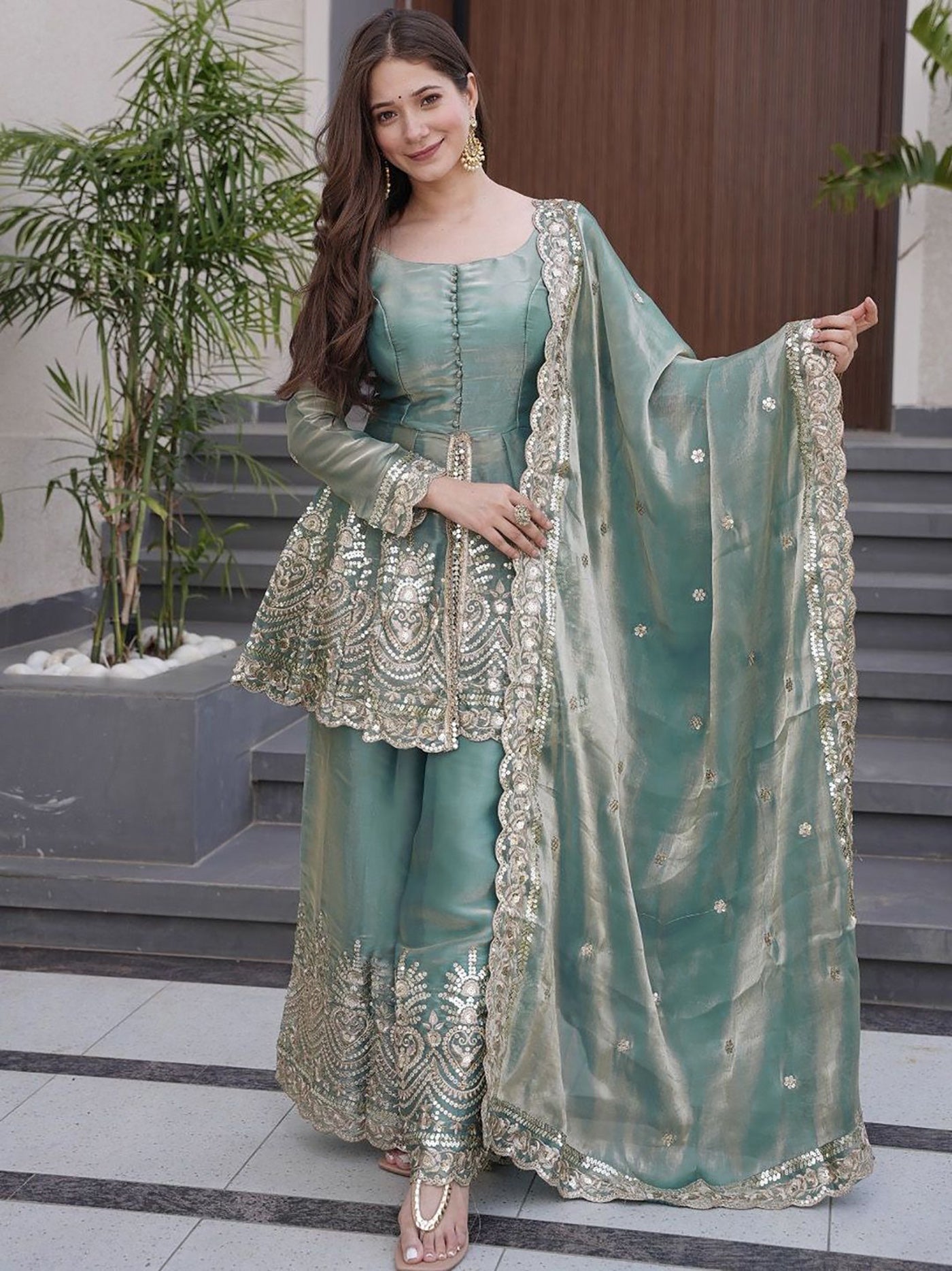 Vedraani Firozi Koyal Suit – Fandy Silk Sequins Embroidered Kurta Palazzo Dupatta Set