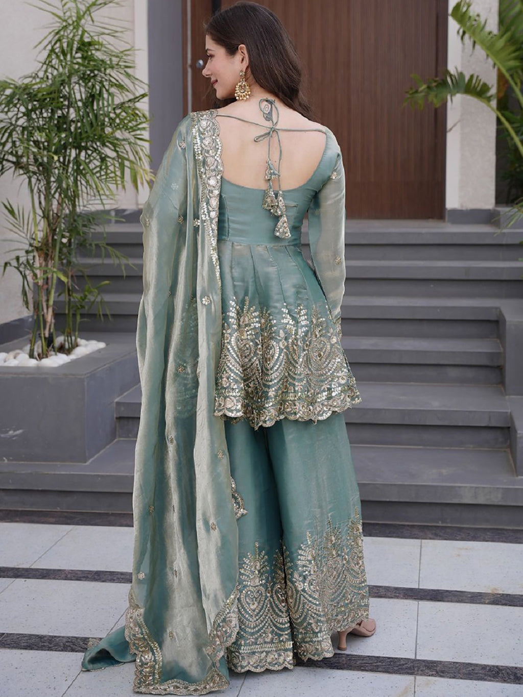 Vedraani Firozi Koyal Suit – Fandy Silk Sequins Embroidered Kurta Palazzo Dupatta Set