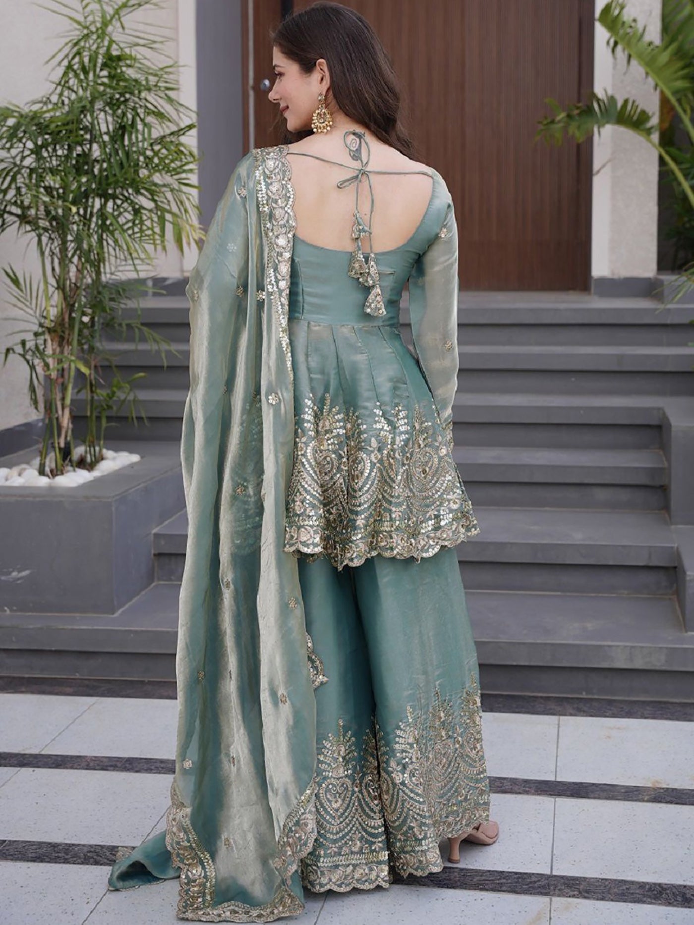 Vedraani Firozi Koyal Suit – Fandy Silk Sequins Embroidered Kurta Palazzo Dupatta Set