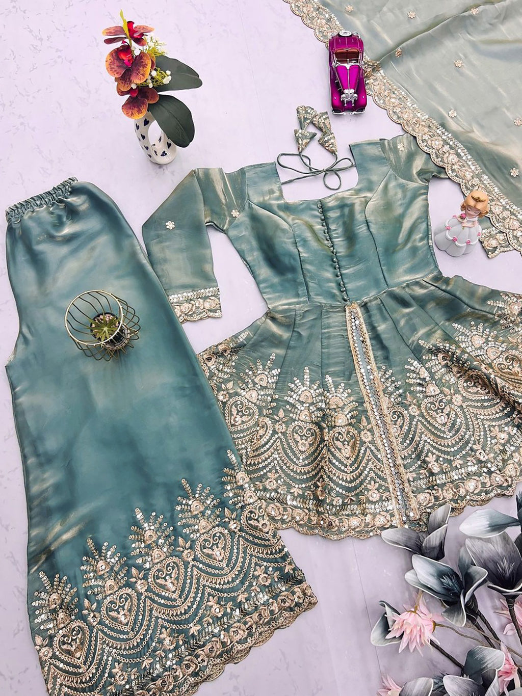 Vedraani Firozi Koyal Suit – Fandy Silk Sequins Embroidered Kurta Palazzo Dupatta Set
