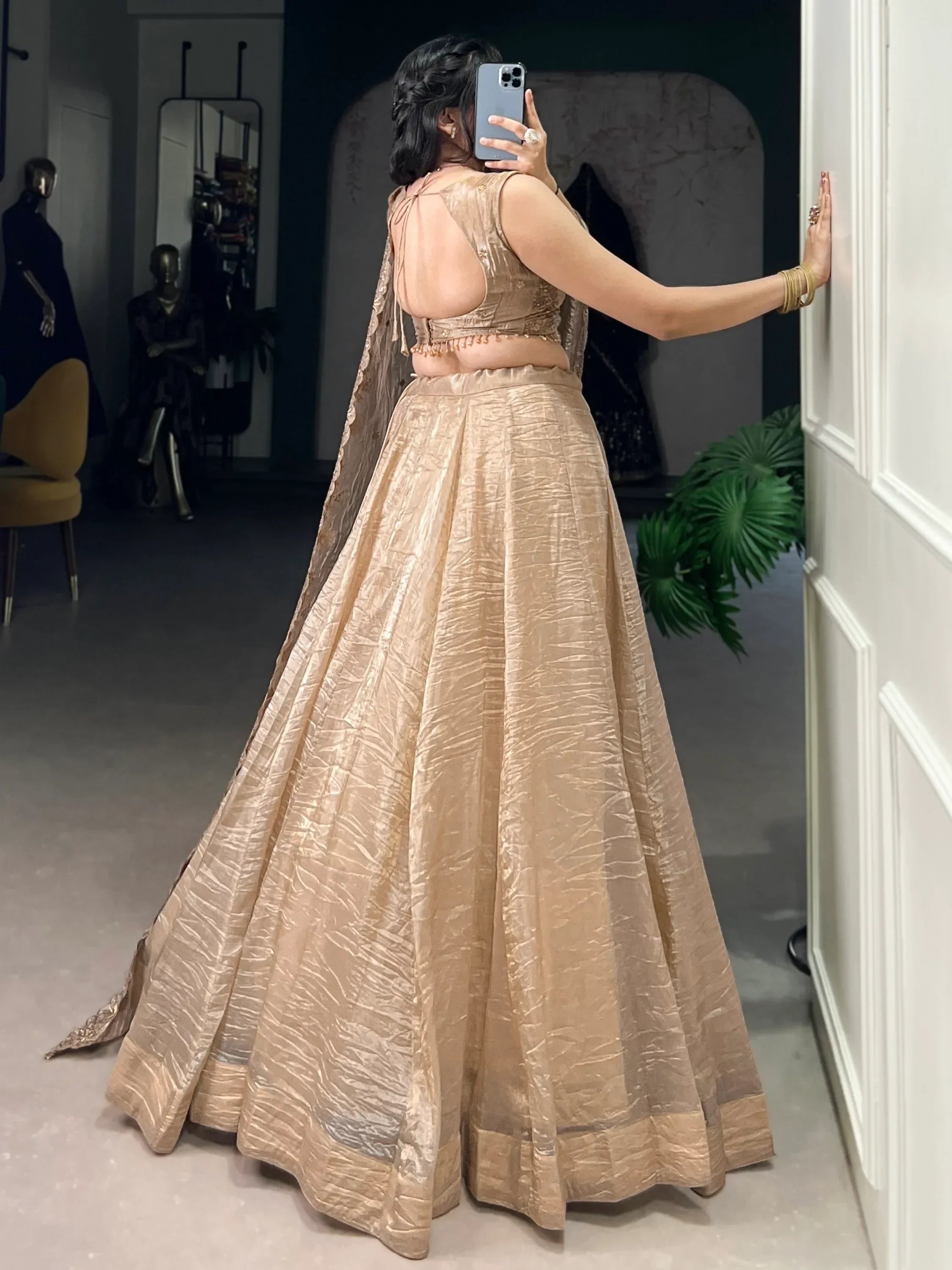Adorable Golden Organza Thread Work Festive Wear Lehenga Choli