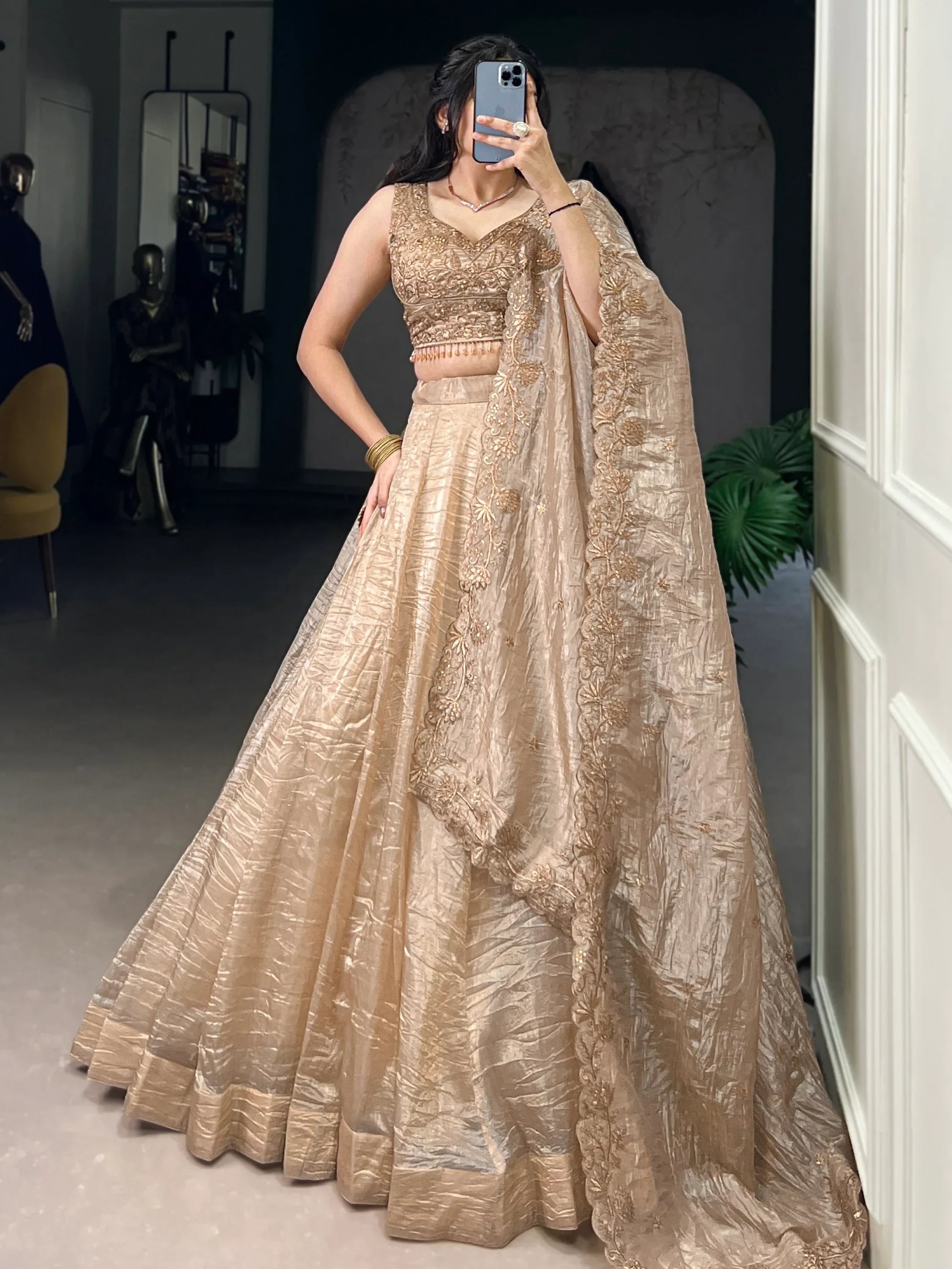 Adorable Golden Organza Thread Work Festive Wear Lehenga Choli