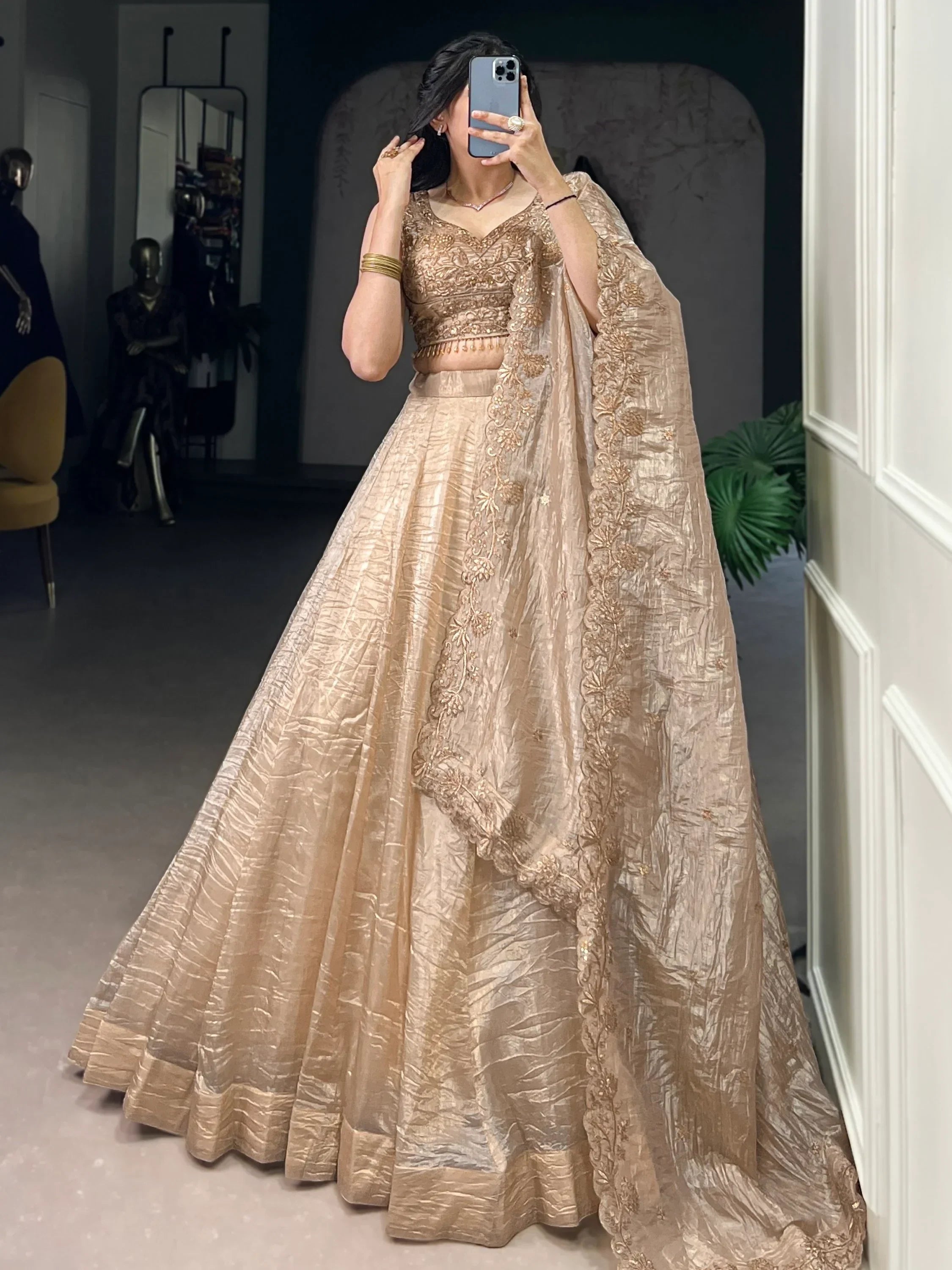 Adorable Golden Organza Thread Work Festive Wear Lehenga Choli