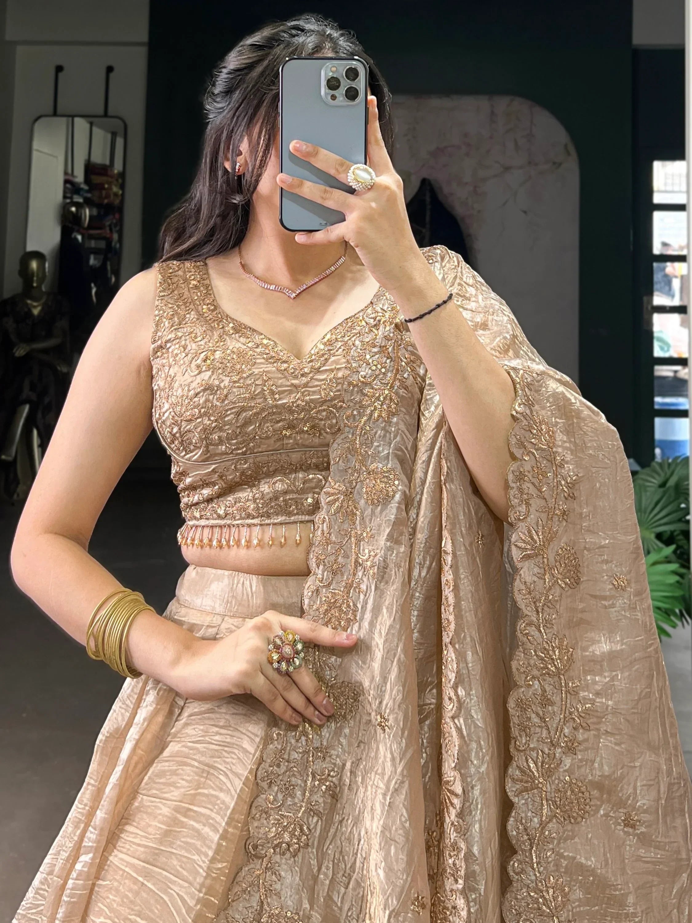 Adorable Golden Organza Thread Work Festive Wear Lehenga Choli