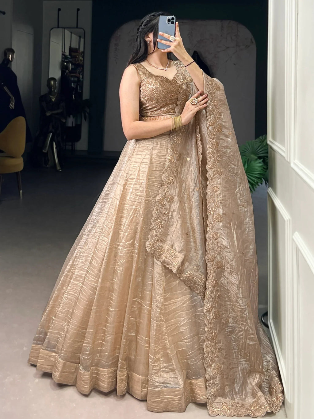 Adorable Golden Organza Thread Work Festive Wear Lehenga Choli