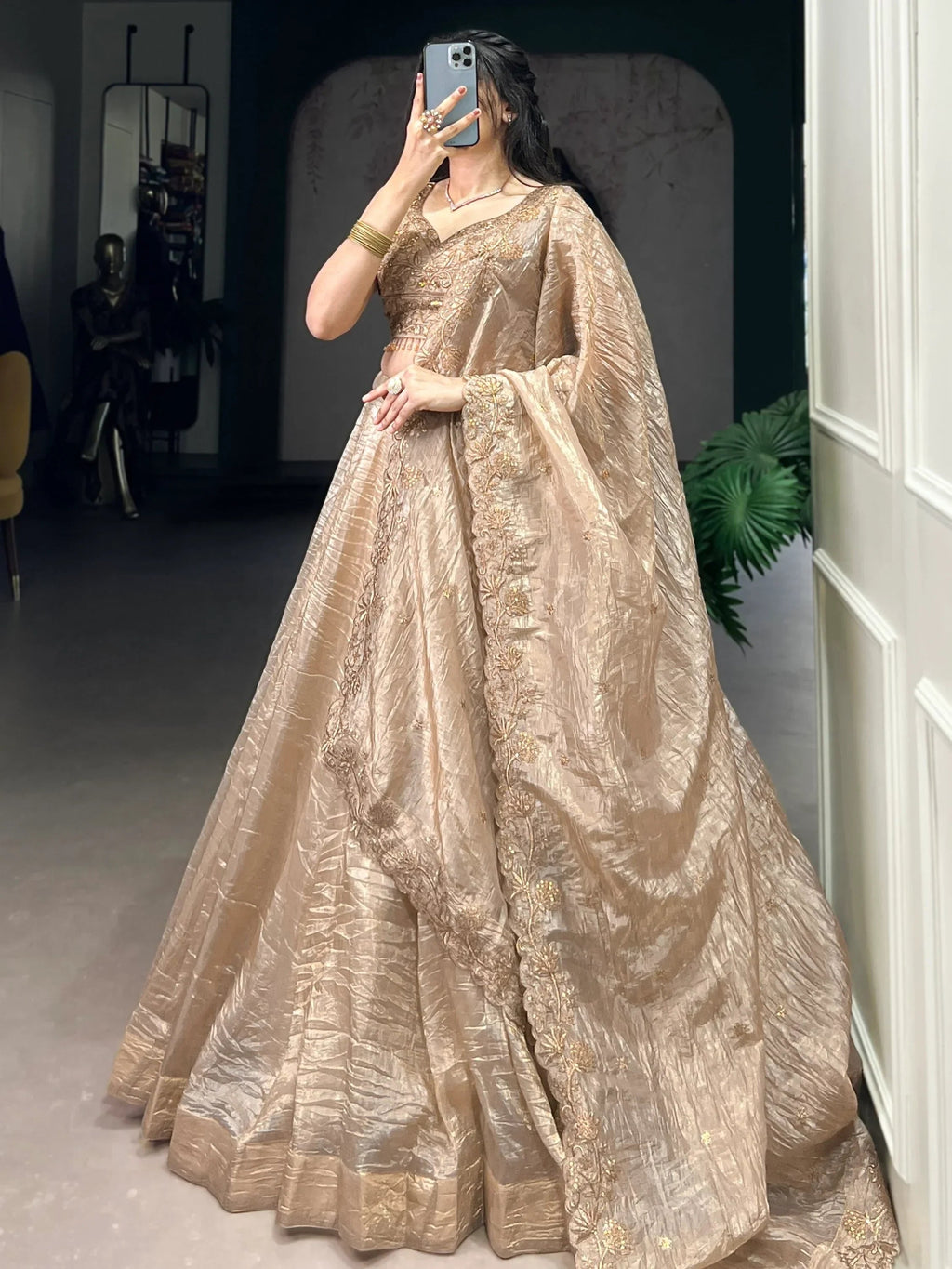 Adorable Golden Organza Thread Work Festive Wear Lehenga Choli