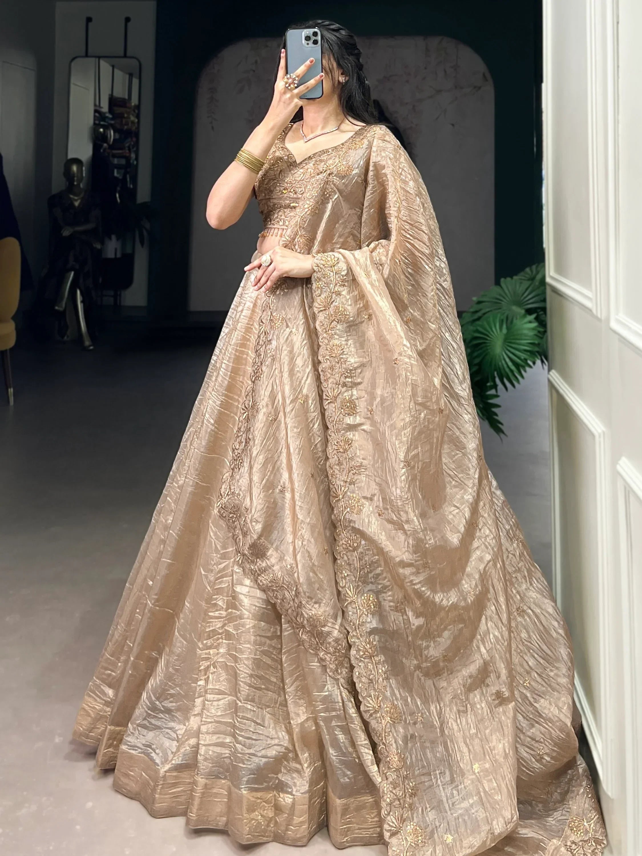 Adorable Golden Organza Thread Work Festive Wear Lehenga Choli