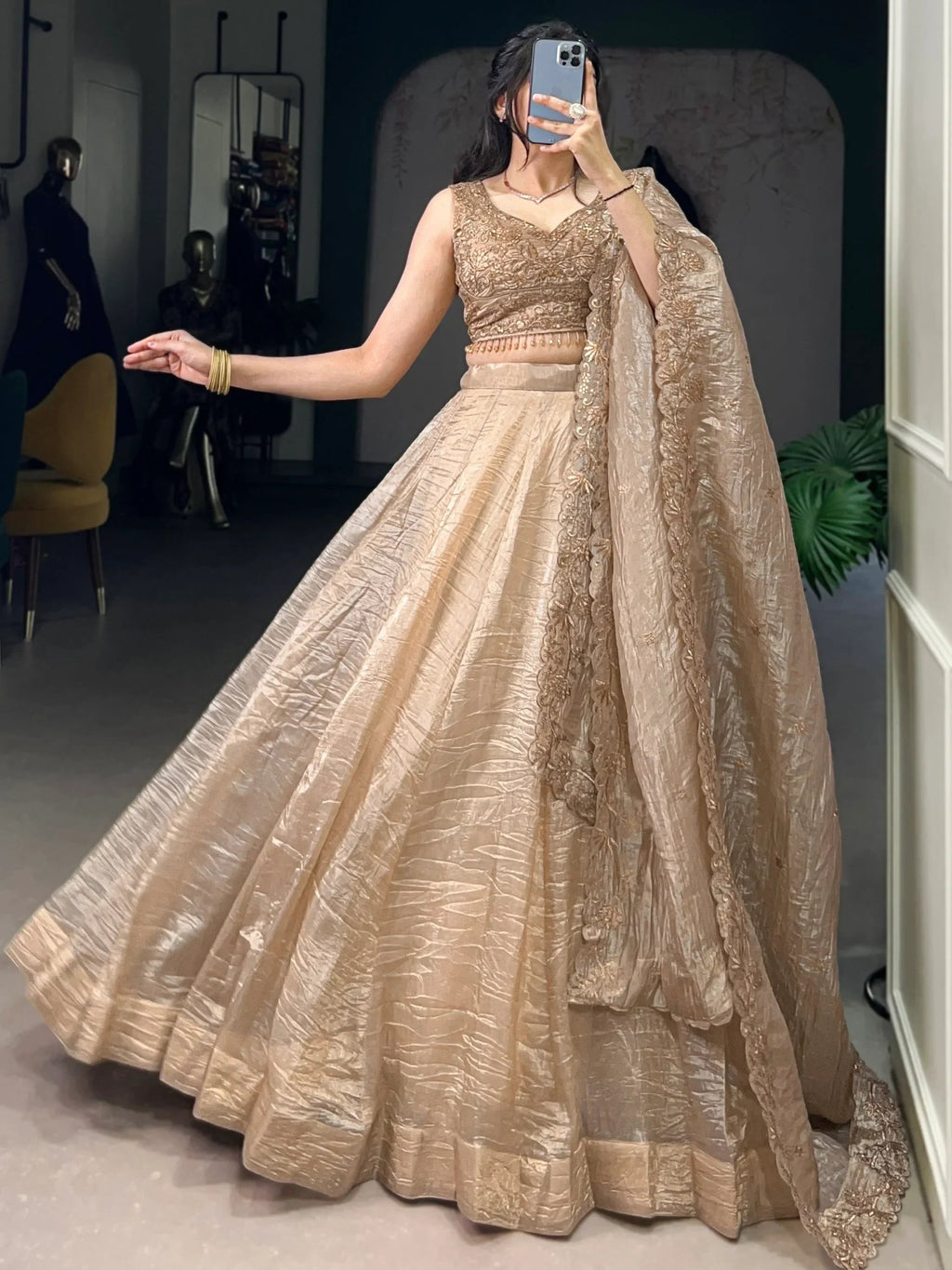 Adorable Golden Organza Thread Work Festive Wear Lehenga Choli