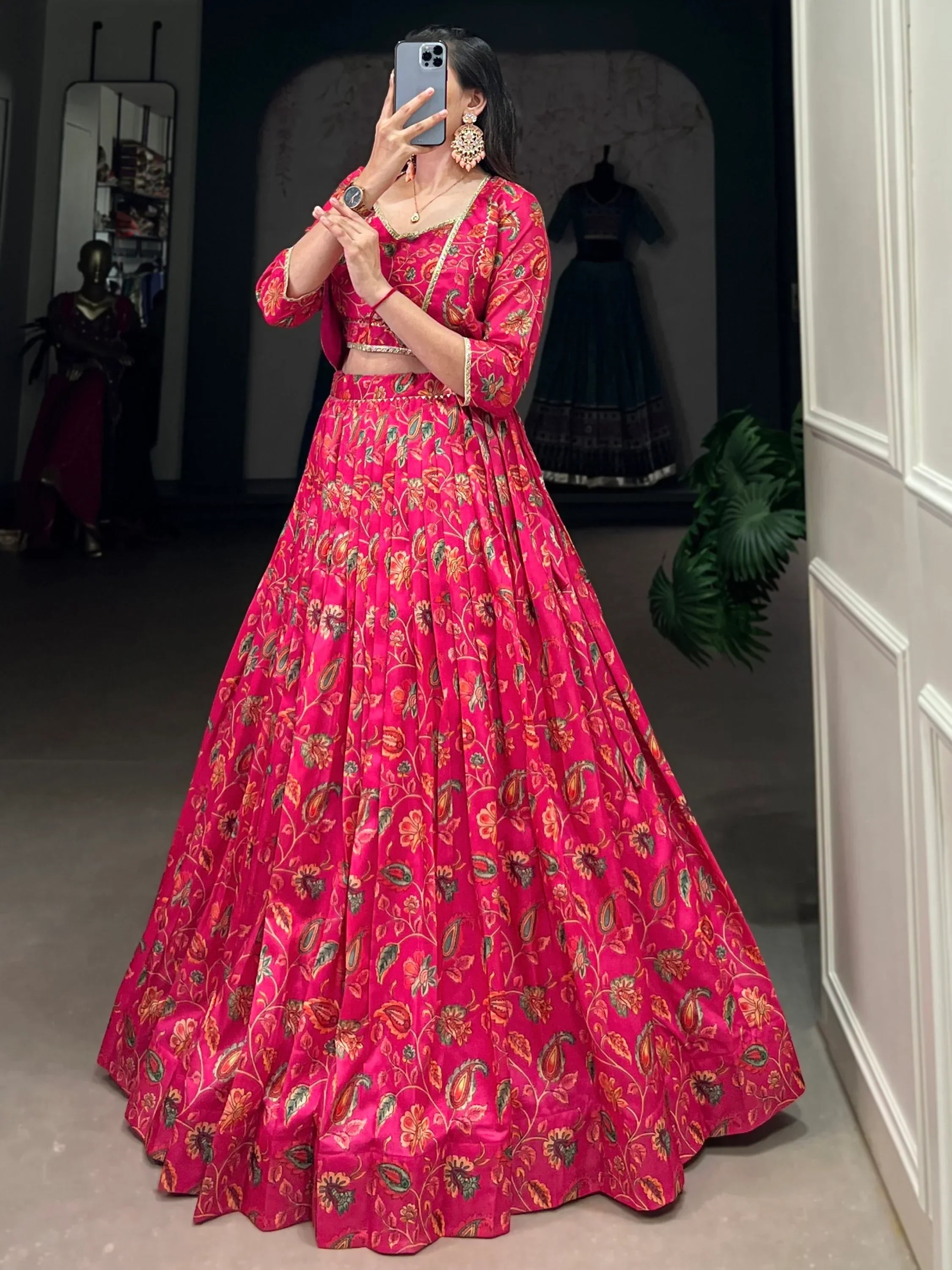 Aesthetic Hot Pink Floral Print Tussar Silk Crop Top Lehenga With Jacket