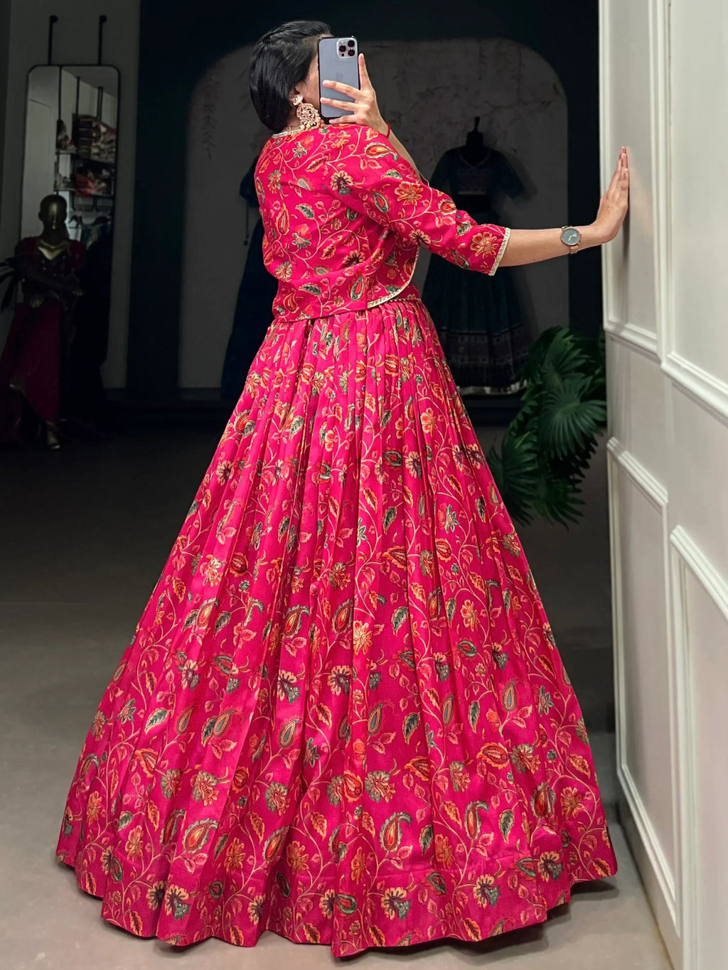 Aesthetic Hot Pink Floral Print Tussar Silk Crop Top Lehenga With Jacket