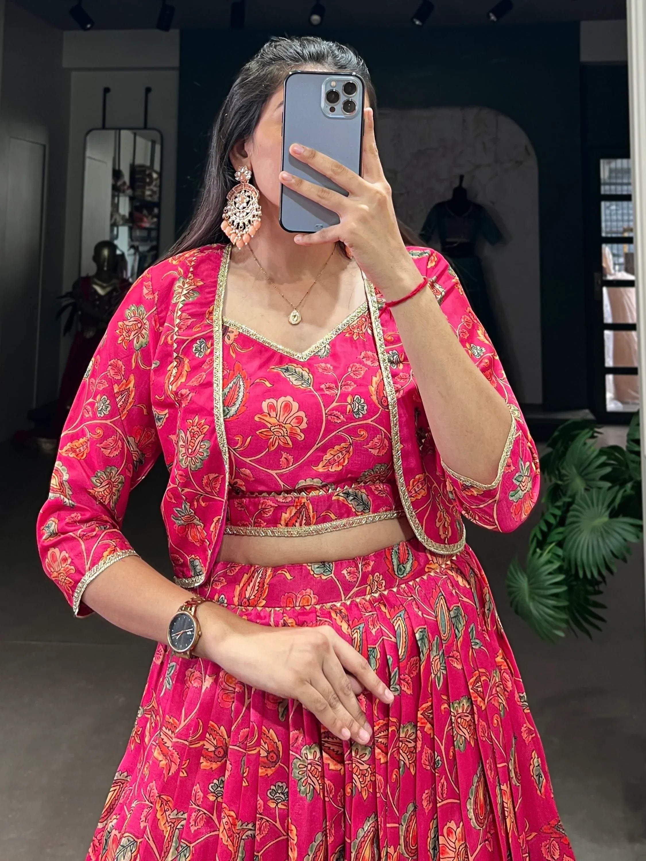 Aesthetic Hot Pink Floral Print Tussar Silk Crop Top Lehenga With Jacket