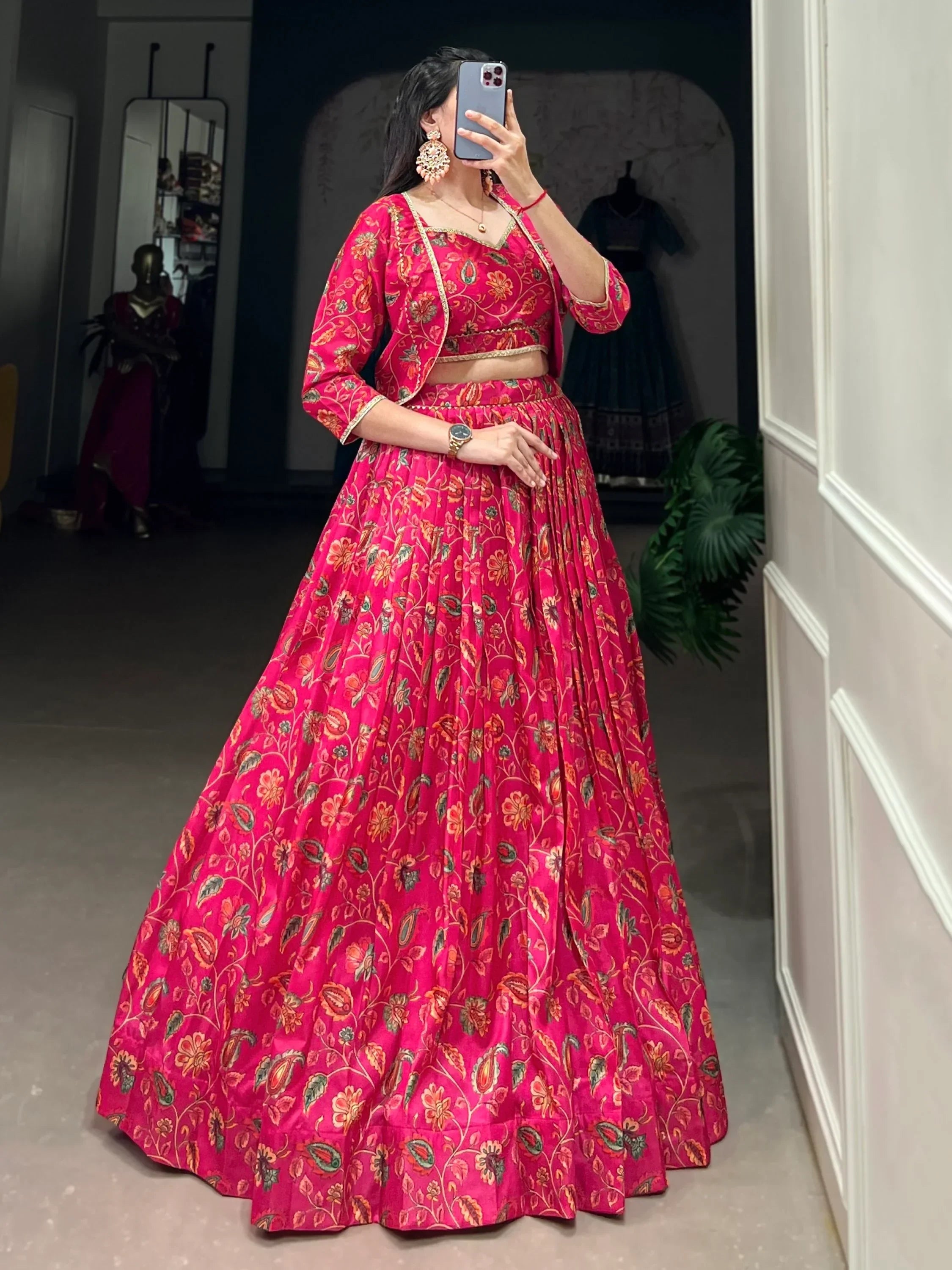 Aesthetic Hot Pink Floral Print Tussar Silk Crop Top Lehenga With Jacket