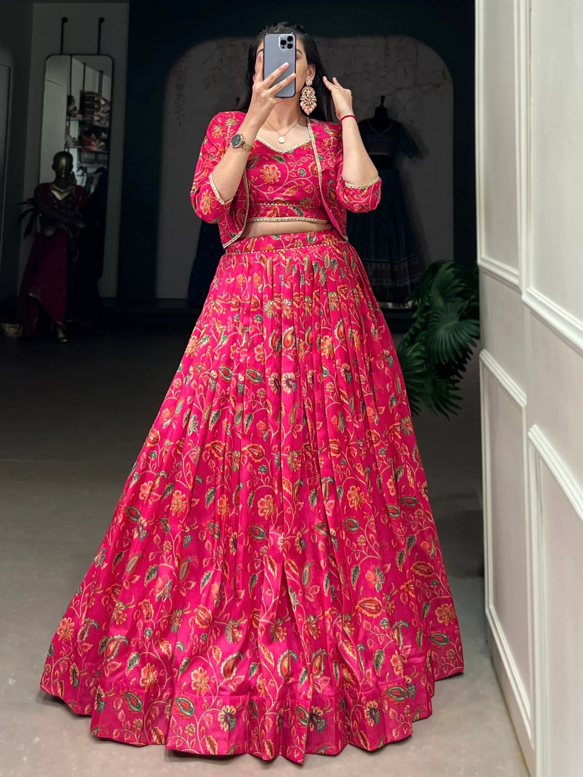 Aesthetic Hot Pink Floral Print Tussar Silk Crop Top Lehenga With Jacket