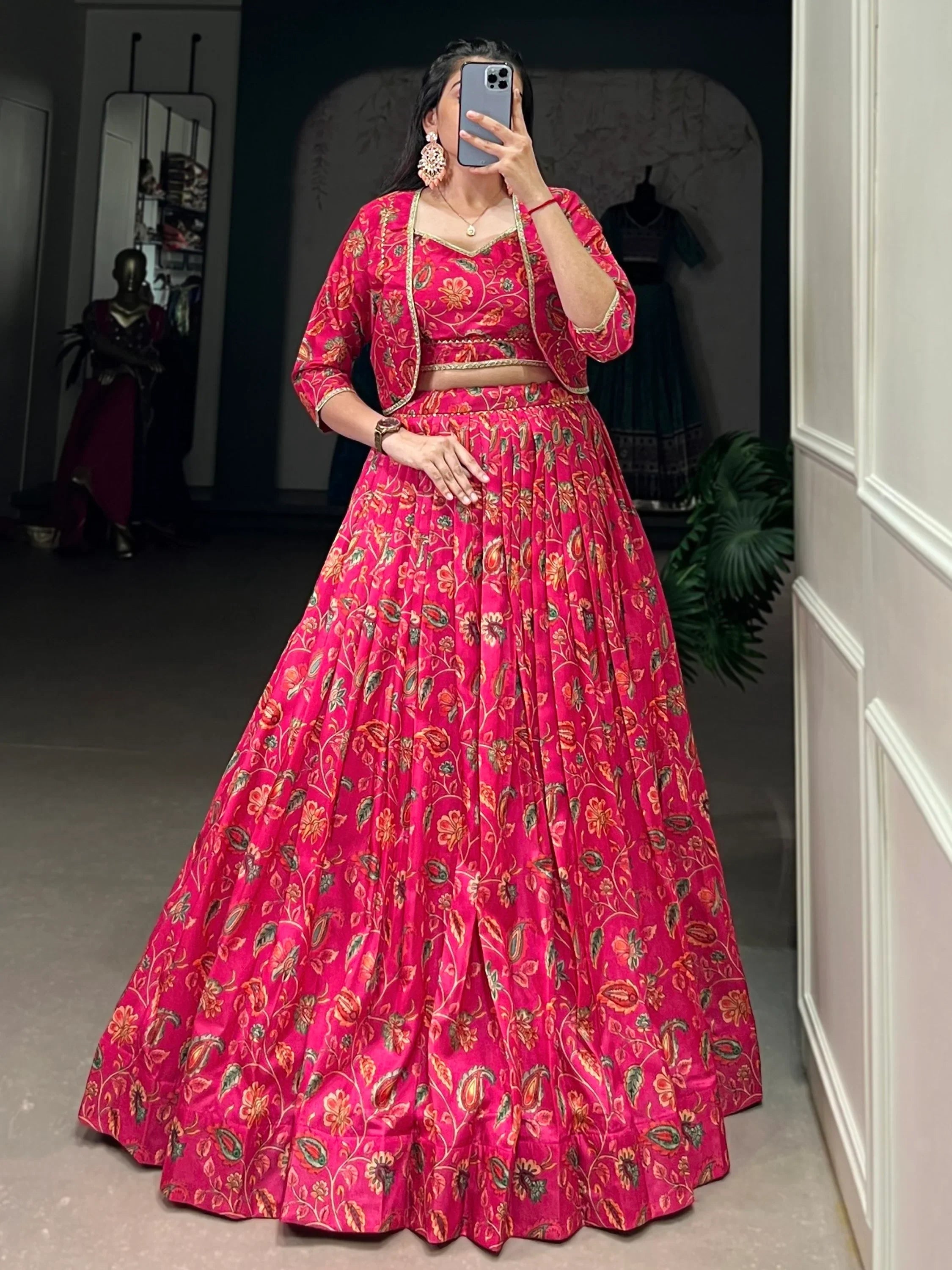 Aesthetic Hot Pink Floral Print Tussar Silk Crop Top Lehenga With Jacket