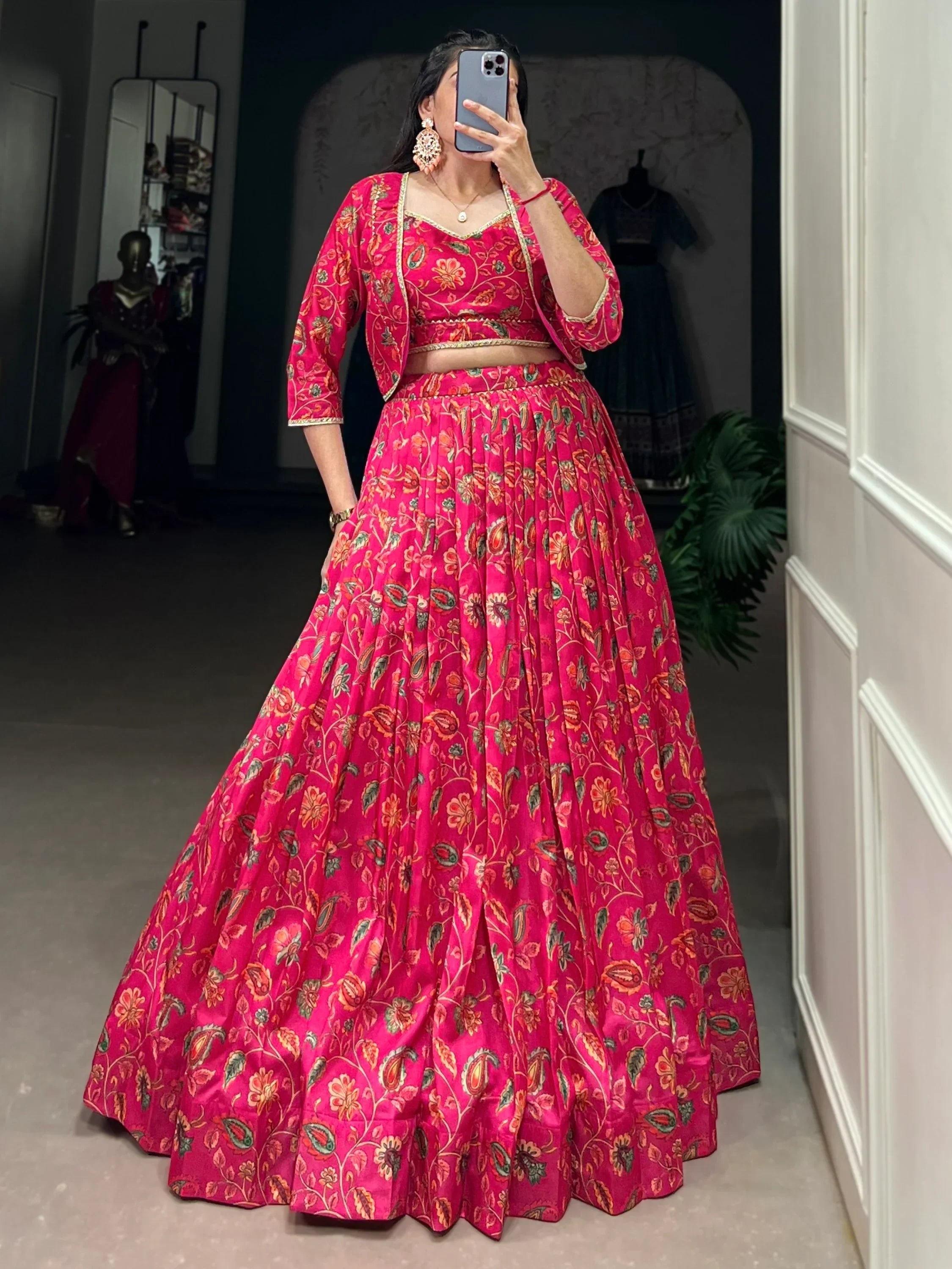 Aesthetic Hot Pink Floral Print Tussar Silk Crop Top Lehenga With Jacket