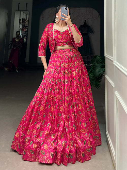 Aesthetic Hot Pink Floral Print Tussar Silk Crop Top Lehenga With Jacket