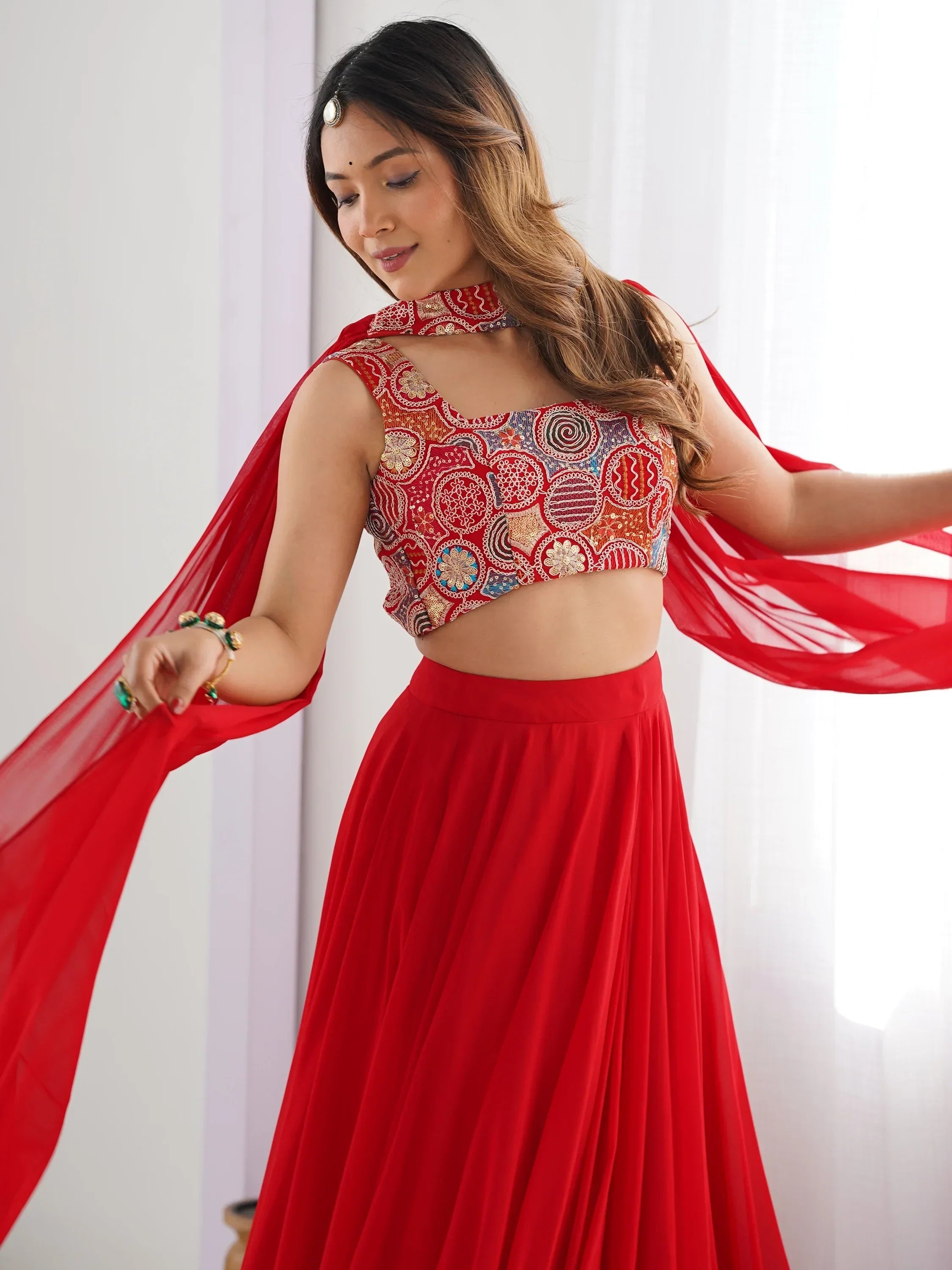 Alluring Red color Georgette Party Wear Lehenga Choli With Dupatta