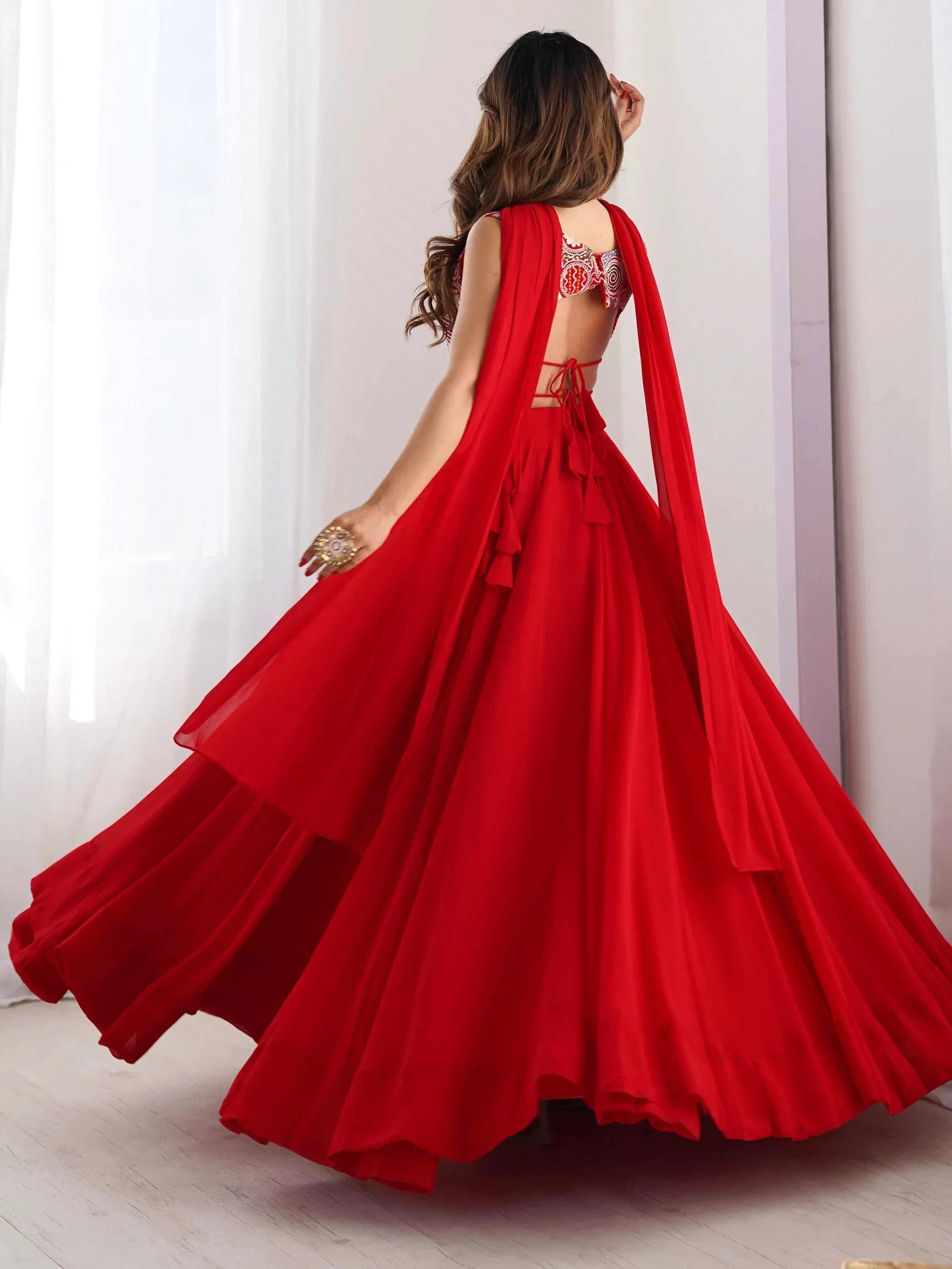 Alluring Red color Georgette Party Wear Lehenga Choli With Dupatta