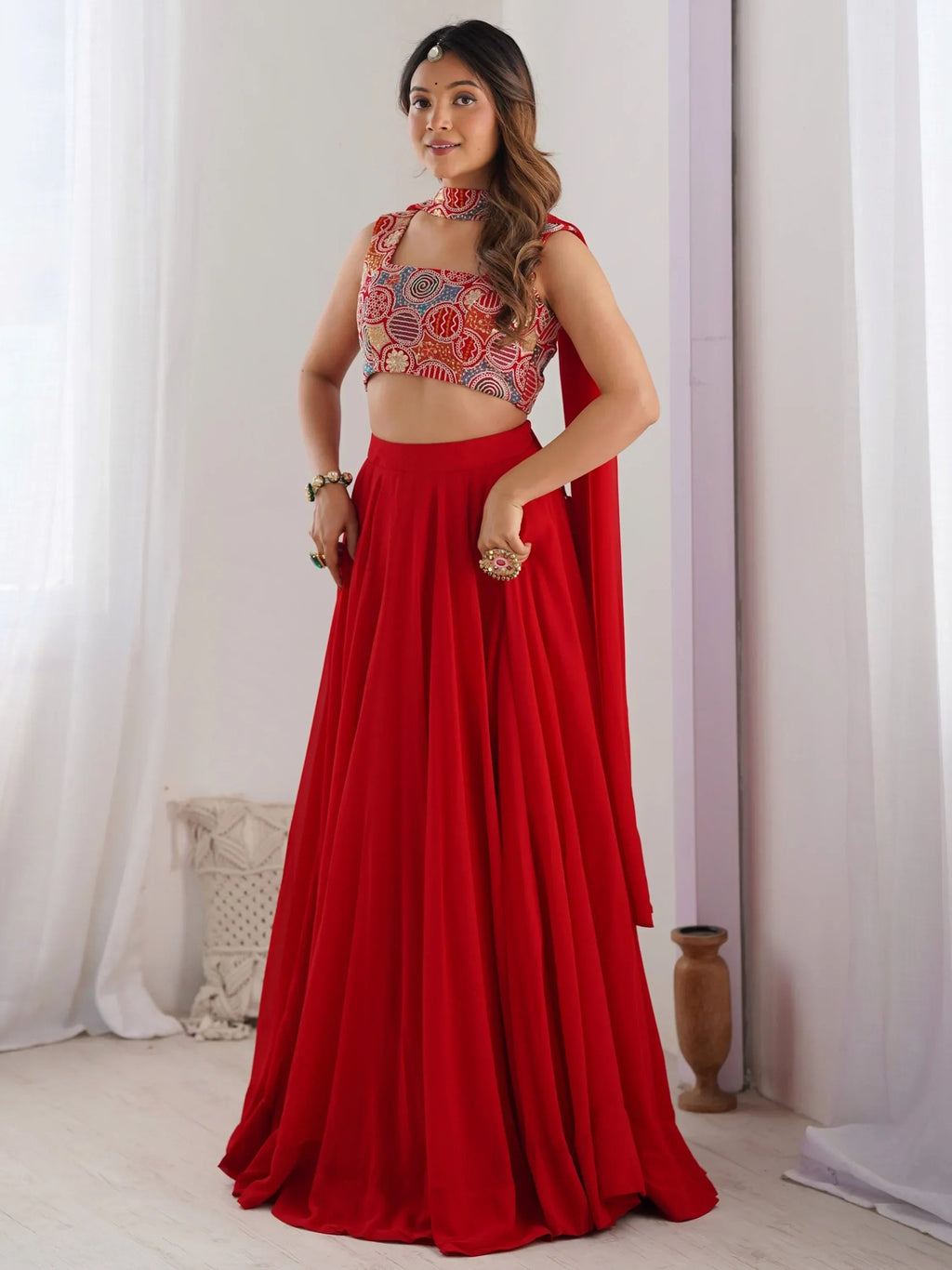 Alluring Red color Georgette Party Wear Lehenga Choli With Dupatta