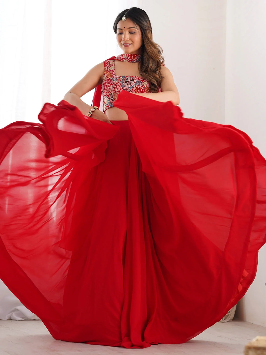Alluring Red color Georgette Party Wear Lehenga Choli With Dupatta