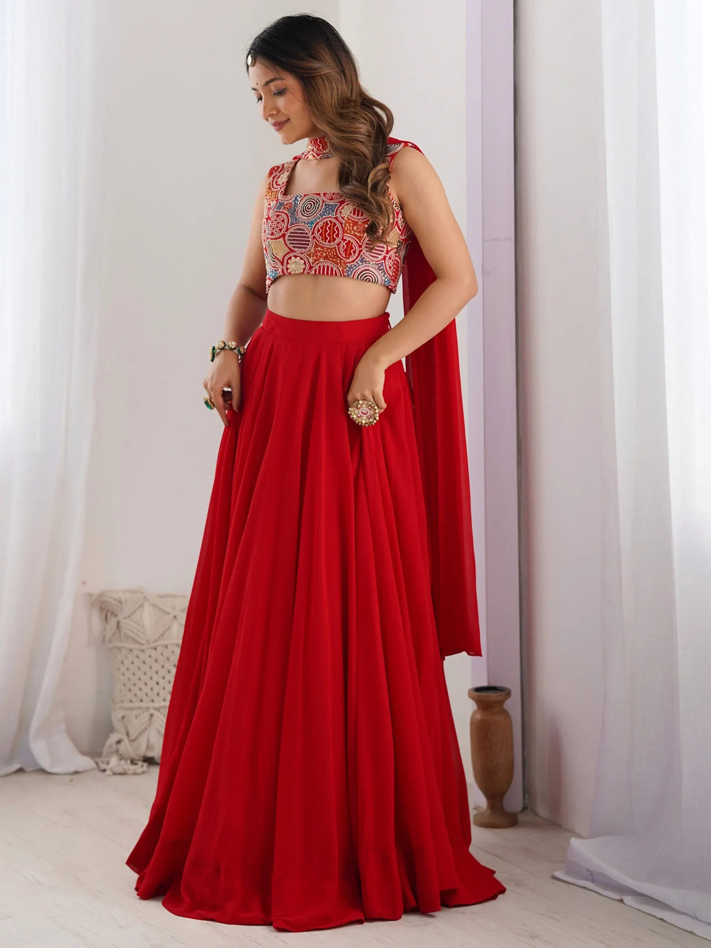 Alluring Red color Georgette Party Wear Lehenga Choli With Dupatta