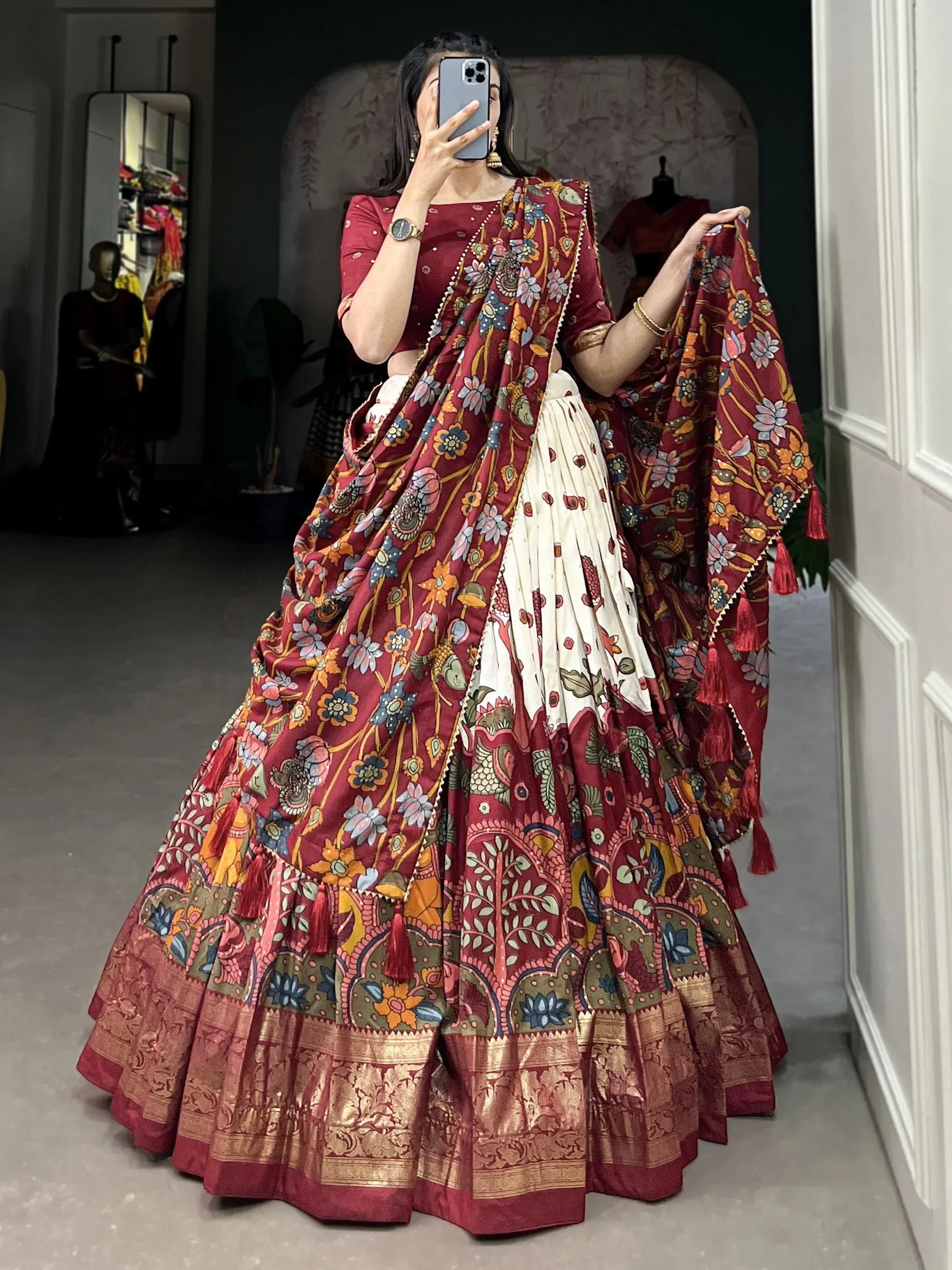 Beautiful Off White Kalamkari Print Function Wear Lehenga Choli