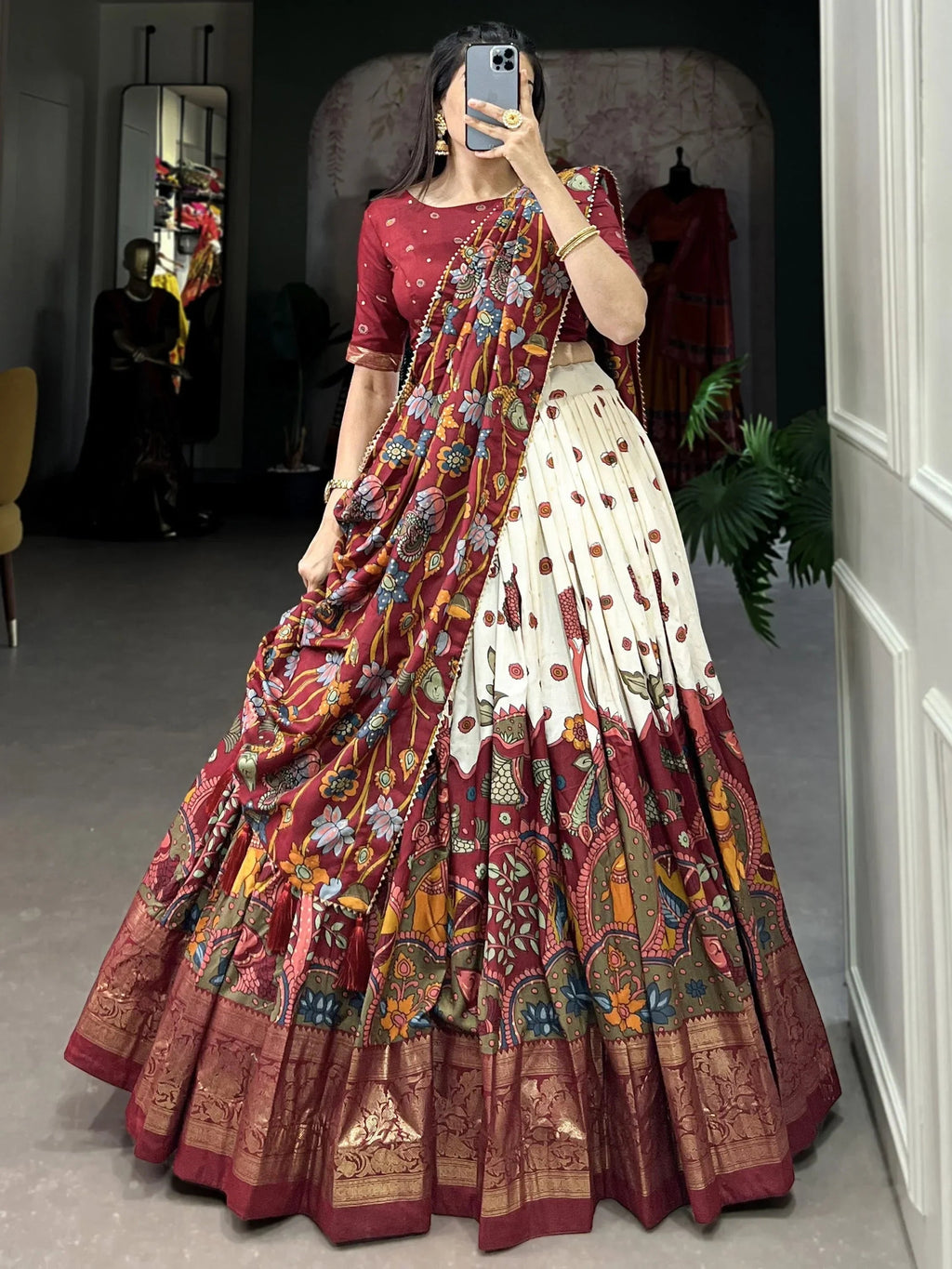 Beautiful Off White Kalamkari Print Function Wear Lehenga Choli
