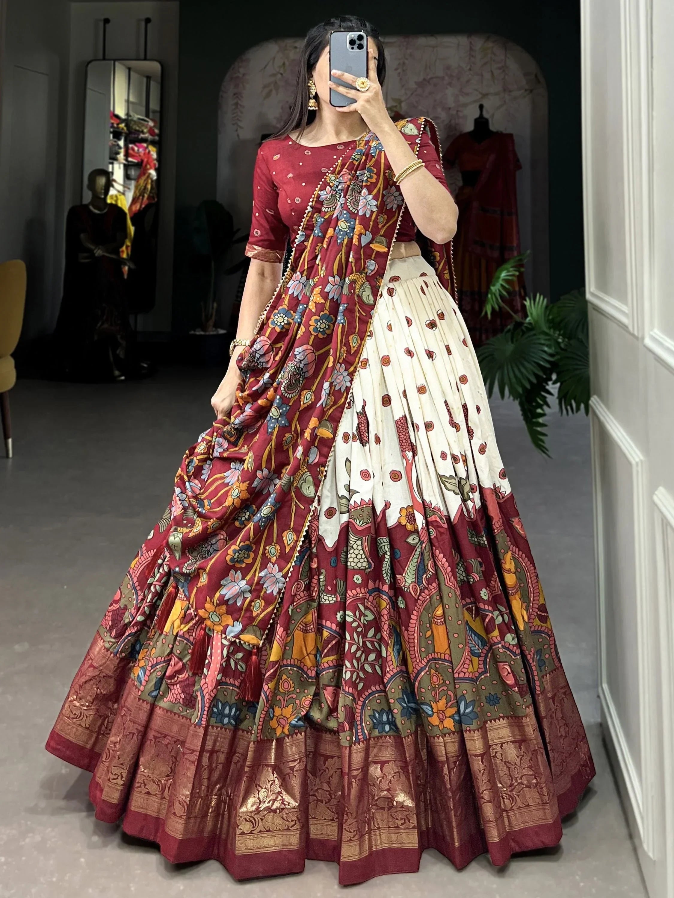 Beautiful Off White Kalamkari Print Function Wear Lehenga Choli
