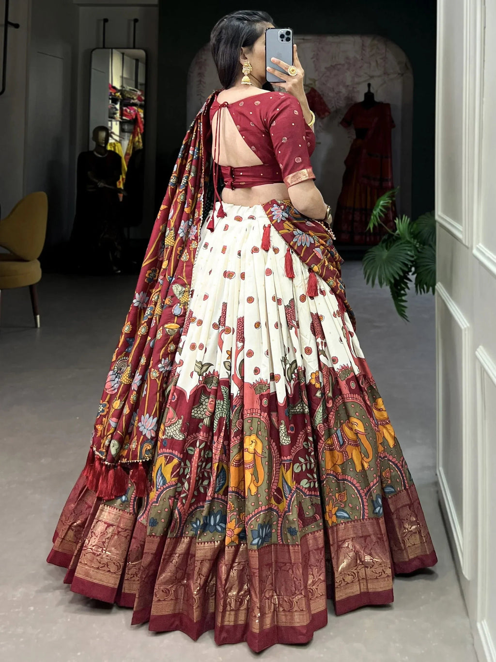 Beautiful Off White Kalamkari Print Function Wear Lehenga Choli
