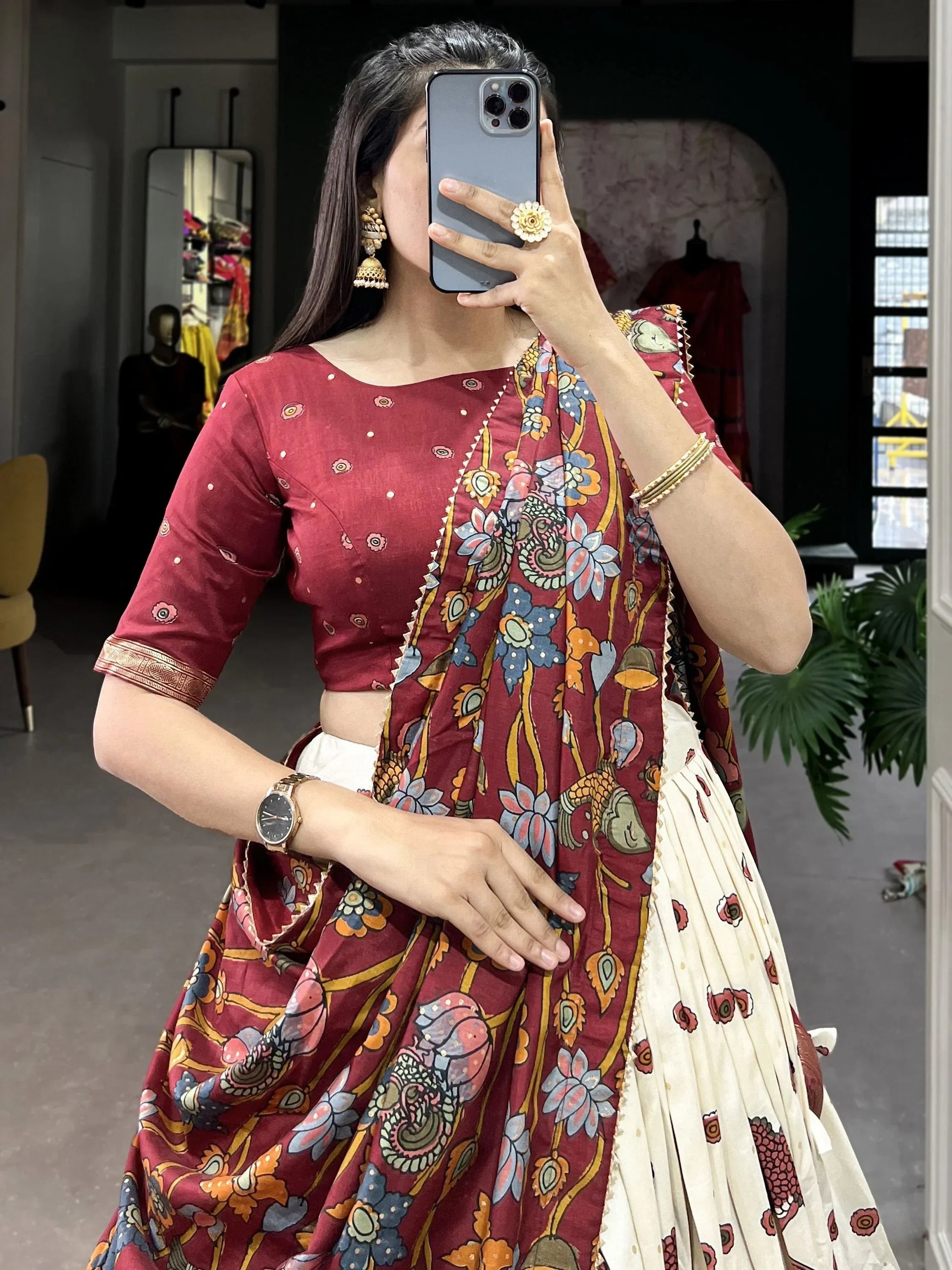 Beautiful Off White Kalamkari Print Function Wear Lehenga Choli