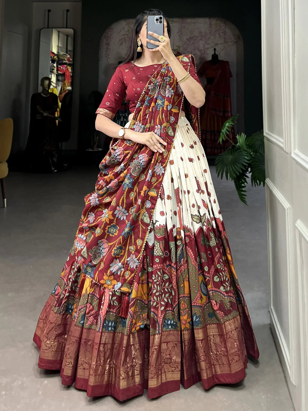 Beautiful Off White Kalamkari Print Function Wear Lehenga Choli