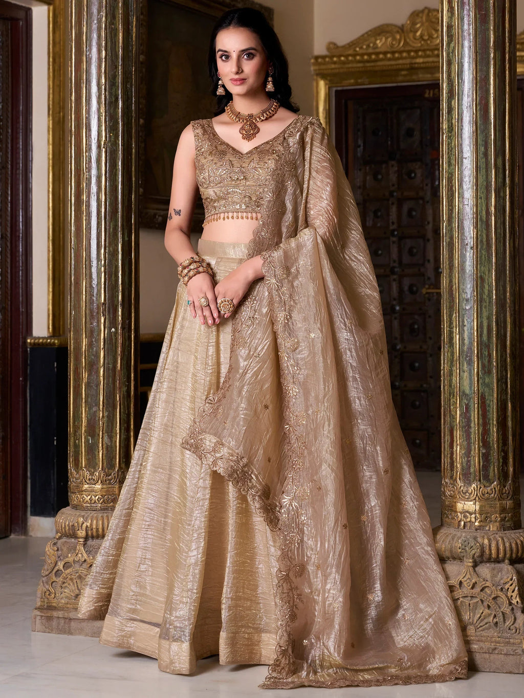 Enchanting Golden Sequins Organza Wedding Lehenga Choli With Dupatta