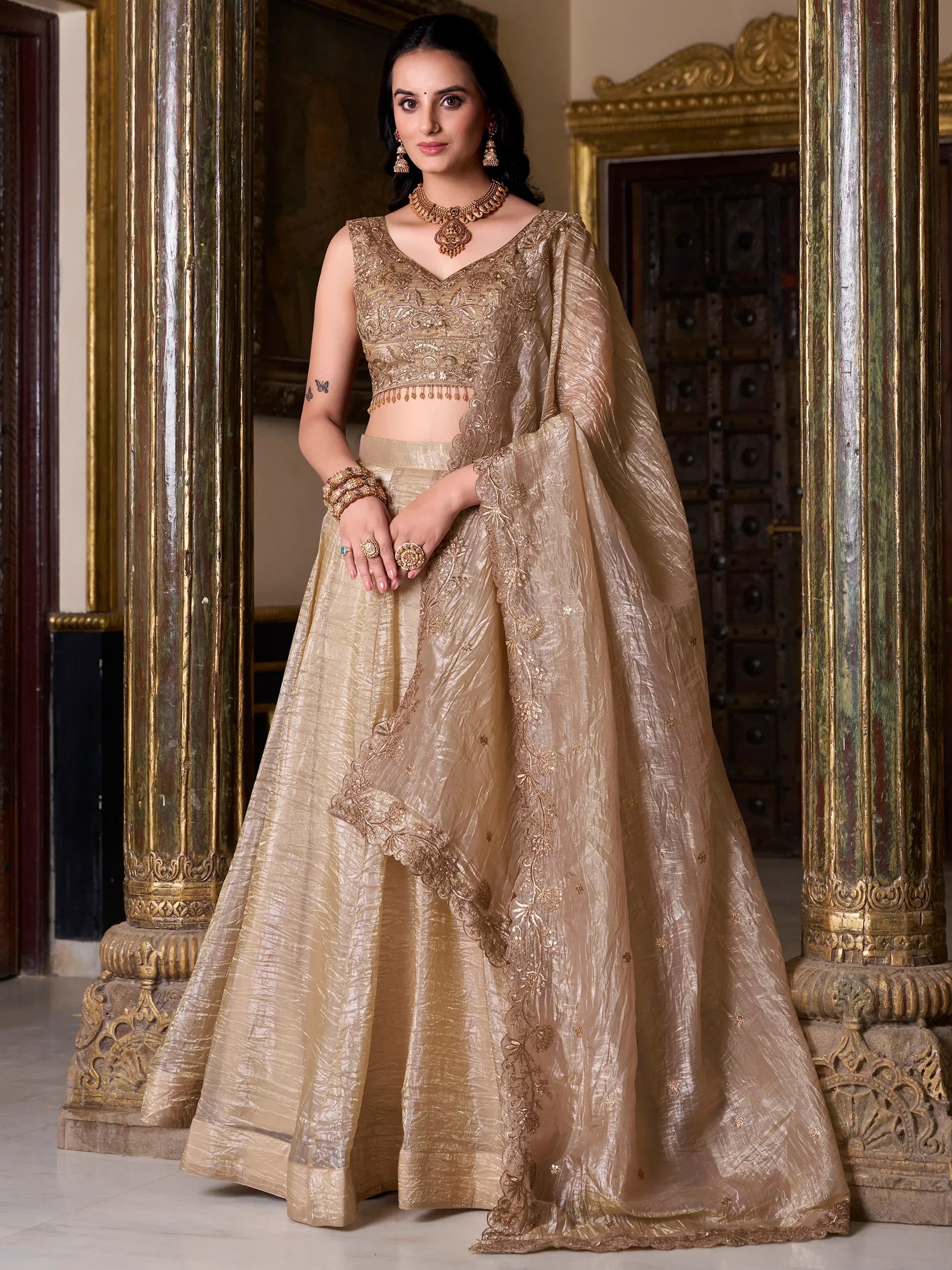 Enchanting Golden Sequins Organza Wedding Lehenga Choli With Dupatta