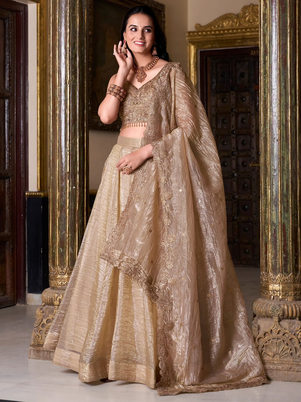Enchanting Golden Sequins Organza Wedding Lehenga Choli With Dupatta