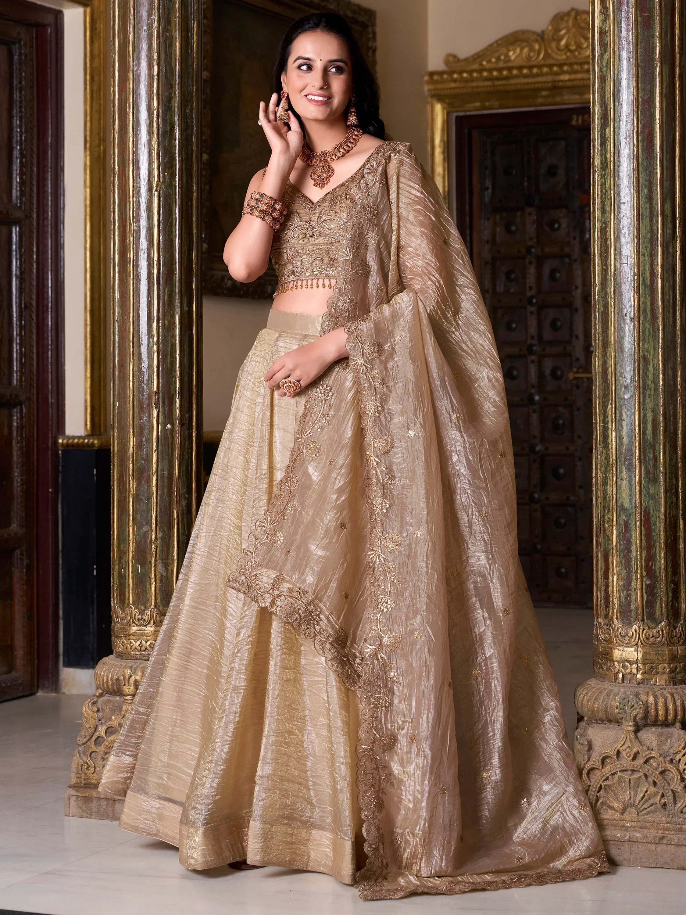 Enchanting Golden Sequins Organza Wedding Lehenga Choli With Dupatta