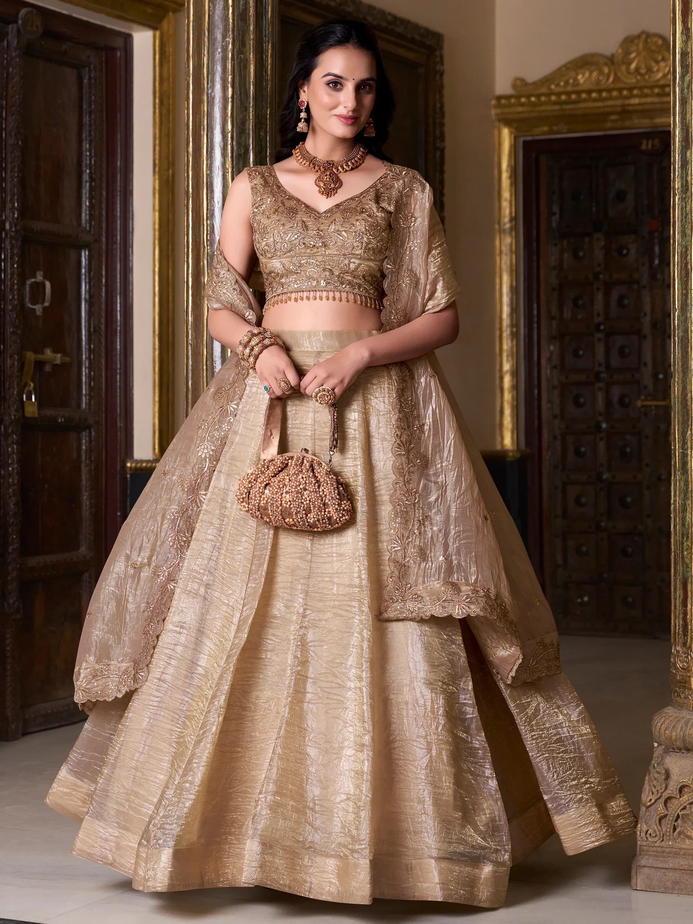 Enchanting Golden Sequins Organza Wedding Lehenga Choli With Dupatta