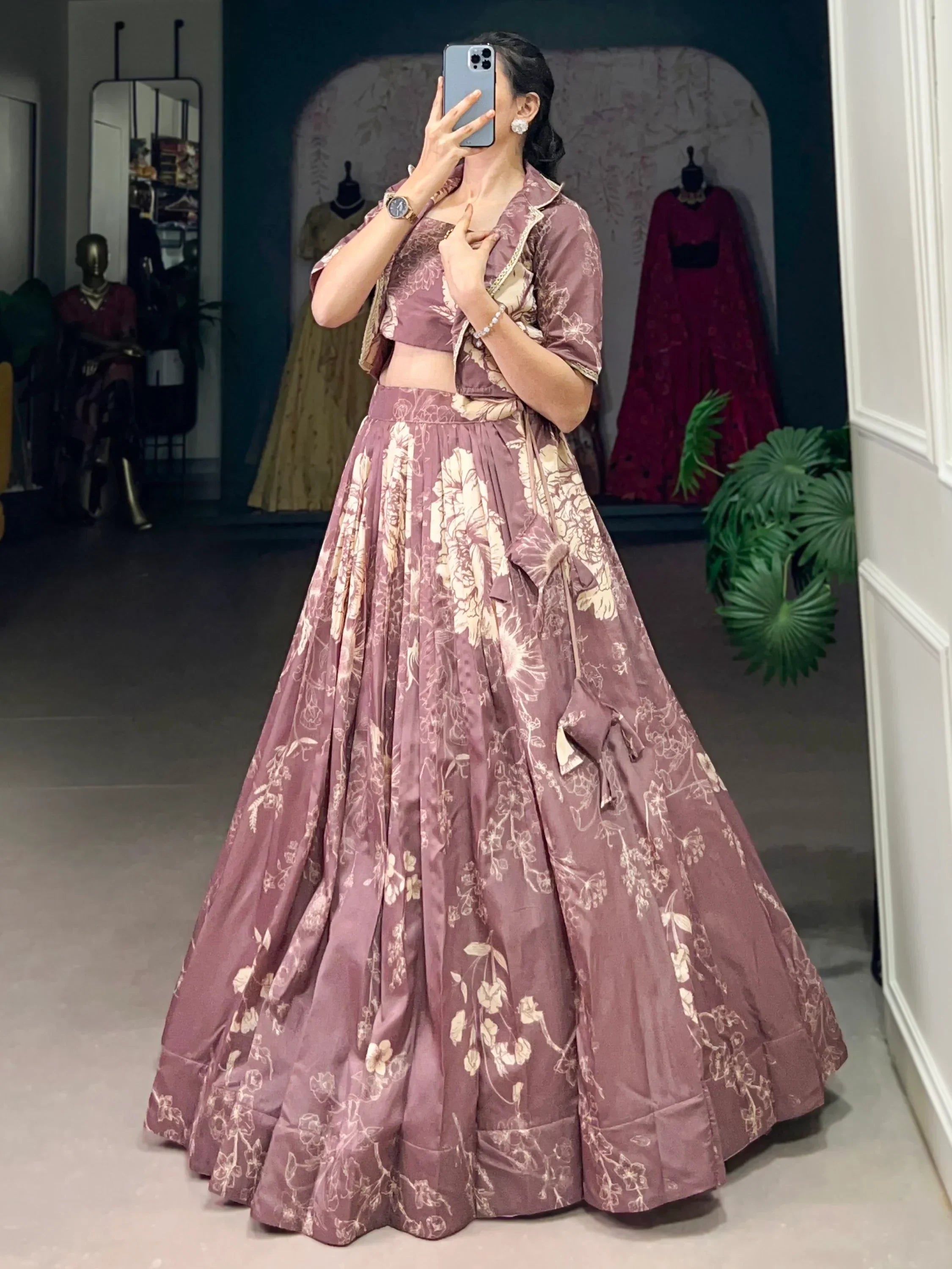 Fascinating Mauve Printed Tussar Silk Event Wear Lehenga With Jacket
