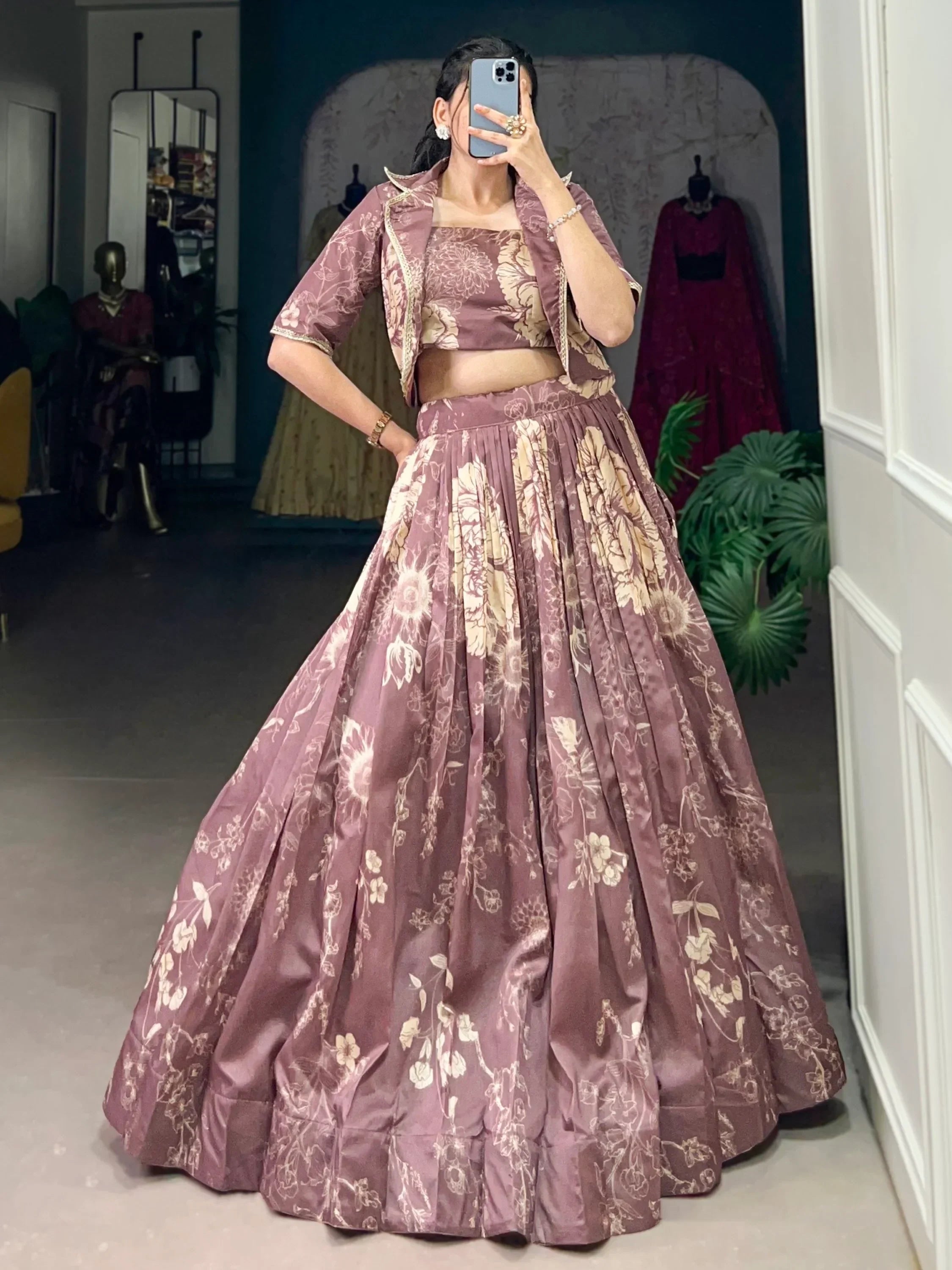 Fascinating Mauve Printed Tussar Silk Event Wear Lehenga With Jacket