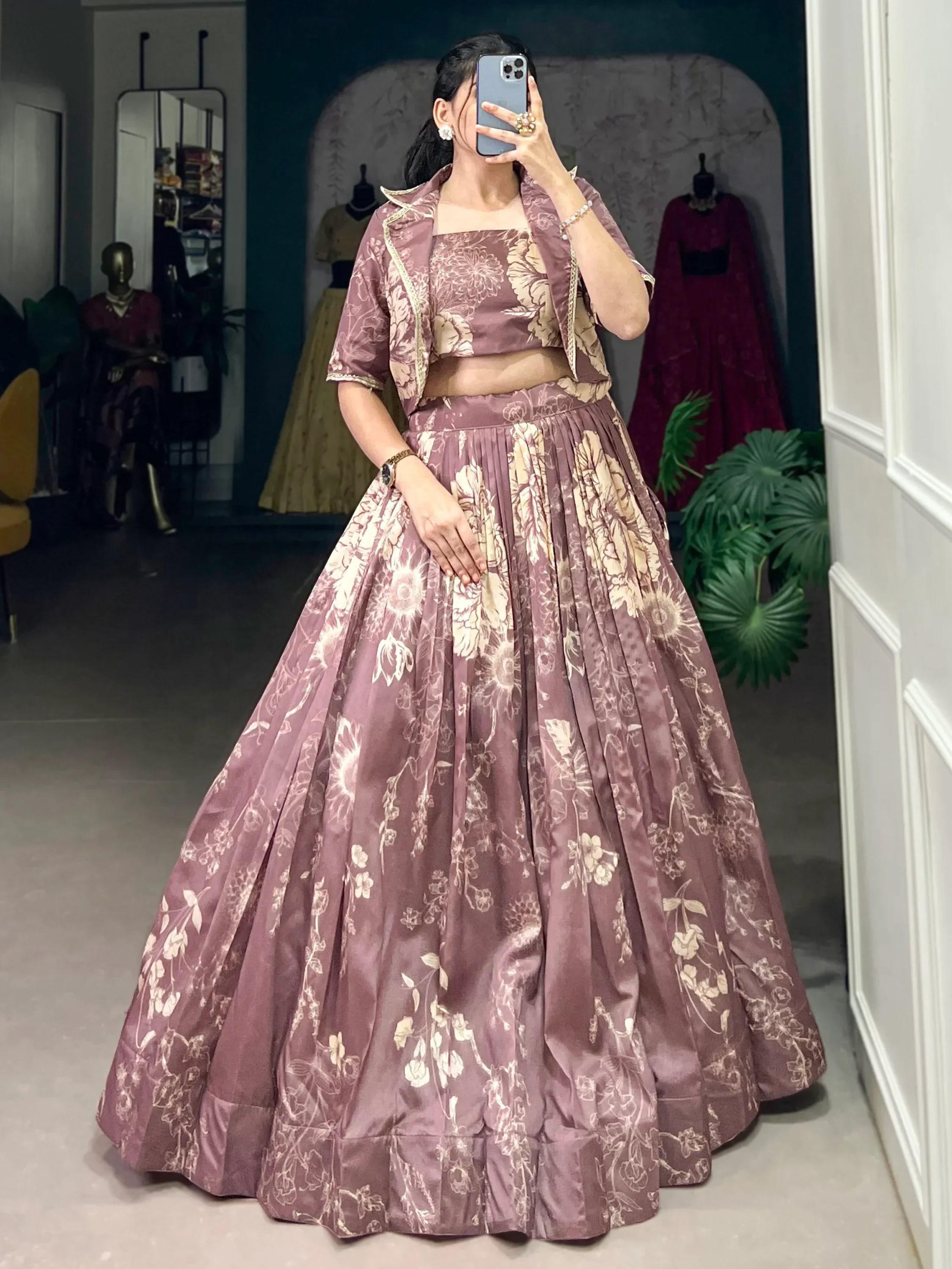 Fascinating Mauve Printed Tussar Silk Event Wear Lehenga With Jacket